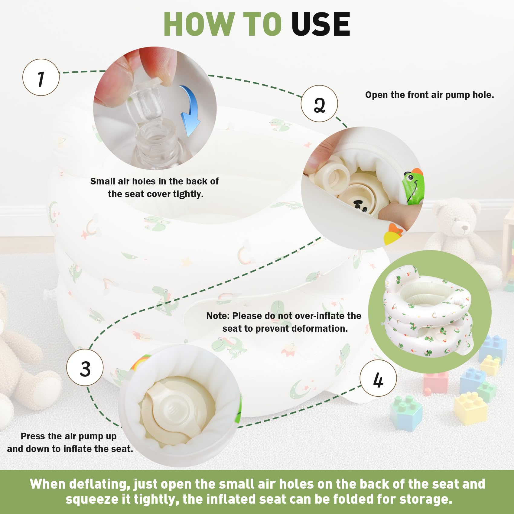 FRTUI inflatable baby seat with stable base reduces tipping during play.