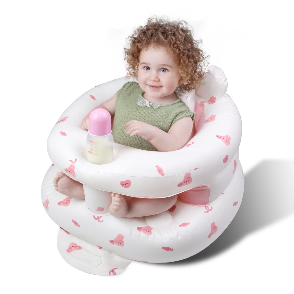 FRTUI inflatable baby seat in pink love rabbit offers safe, comfortable seating for snacks.