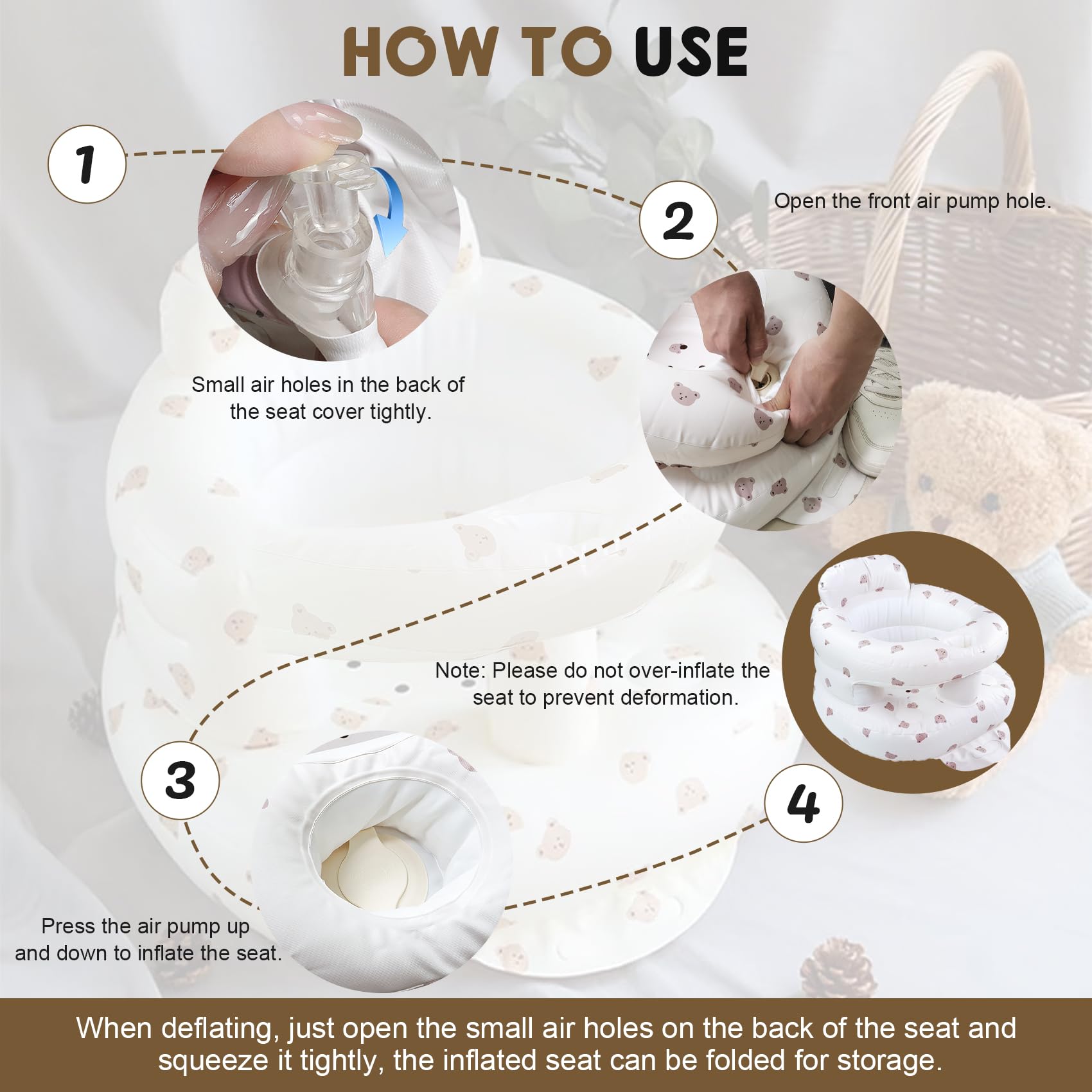 FRTUI inflatable baby seat side view shows secure wraparound back for stability.