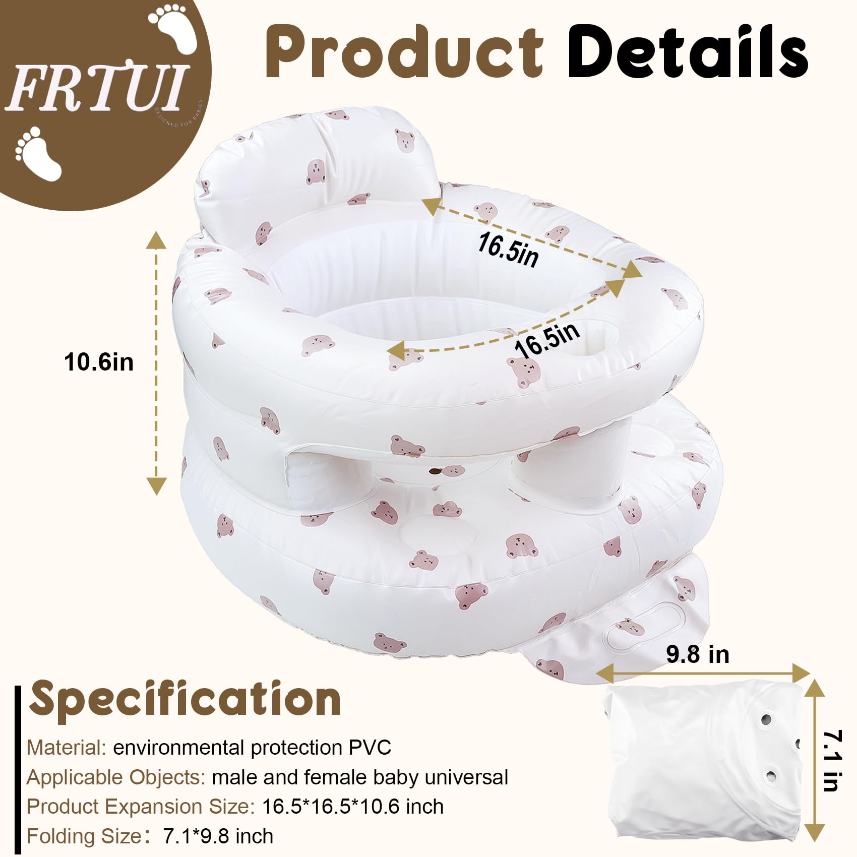 FRTUI inflatable baby seat travel-ready design supports hands-free outings.