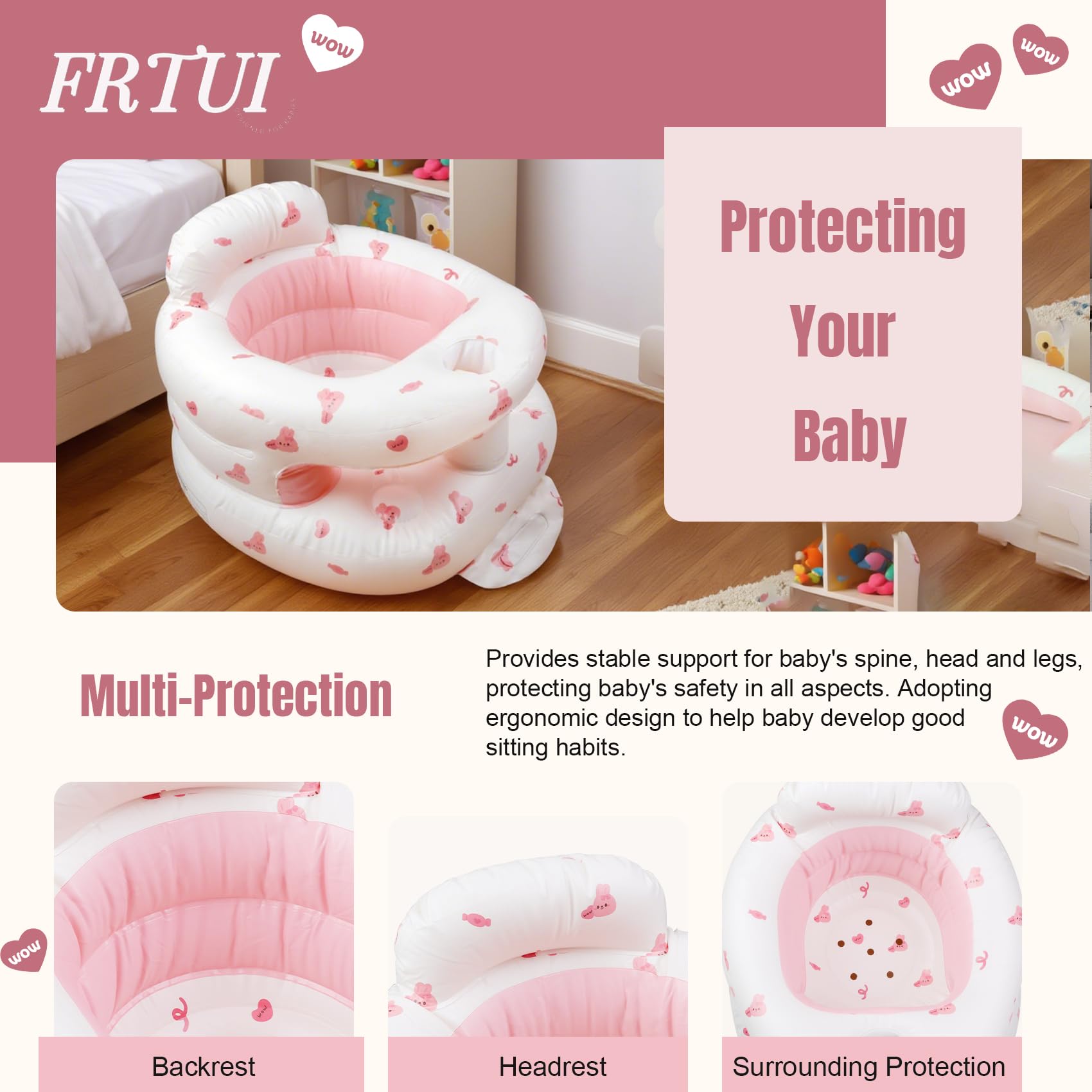 FRTUI inflatable chair with wrapped backrest provides soft support for infants.