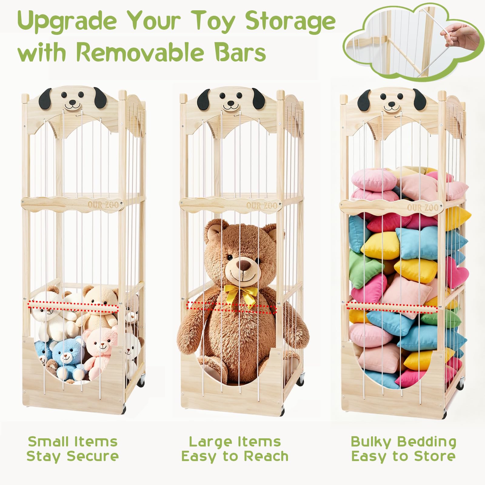 Fruaros removable wooden rods enable flexible layout for oversized plushies.