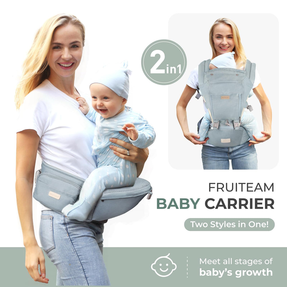 FRUITEAM 6 in 1 carrier with hip seat supports an ergonomic M-position.