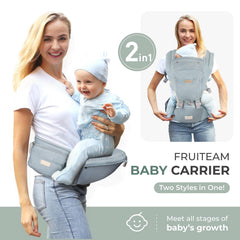 FRUITEAM 6 in 1 carrier with hip seat supports an ergonomic M-position.