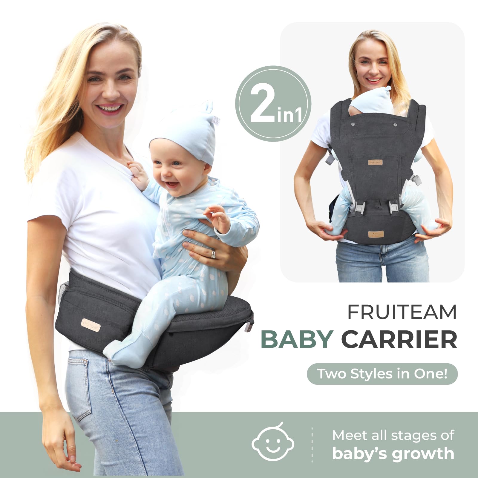 FRUITEAM baby carrier in back carry mode for hands-free use