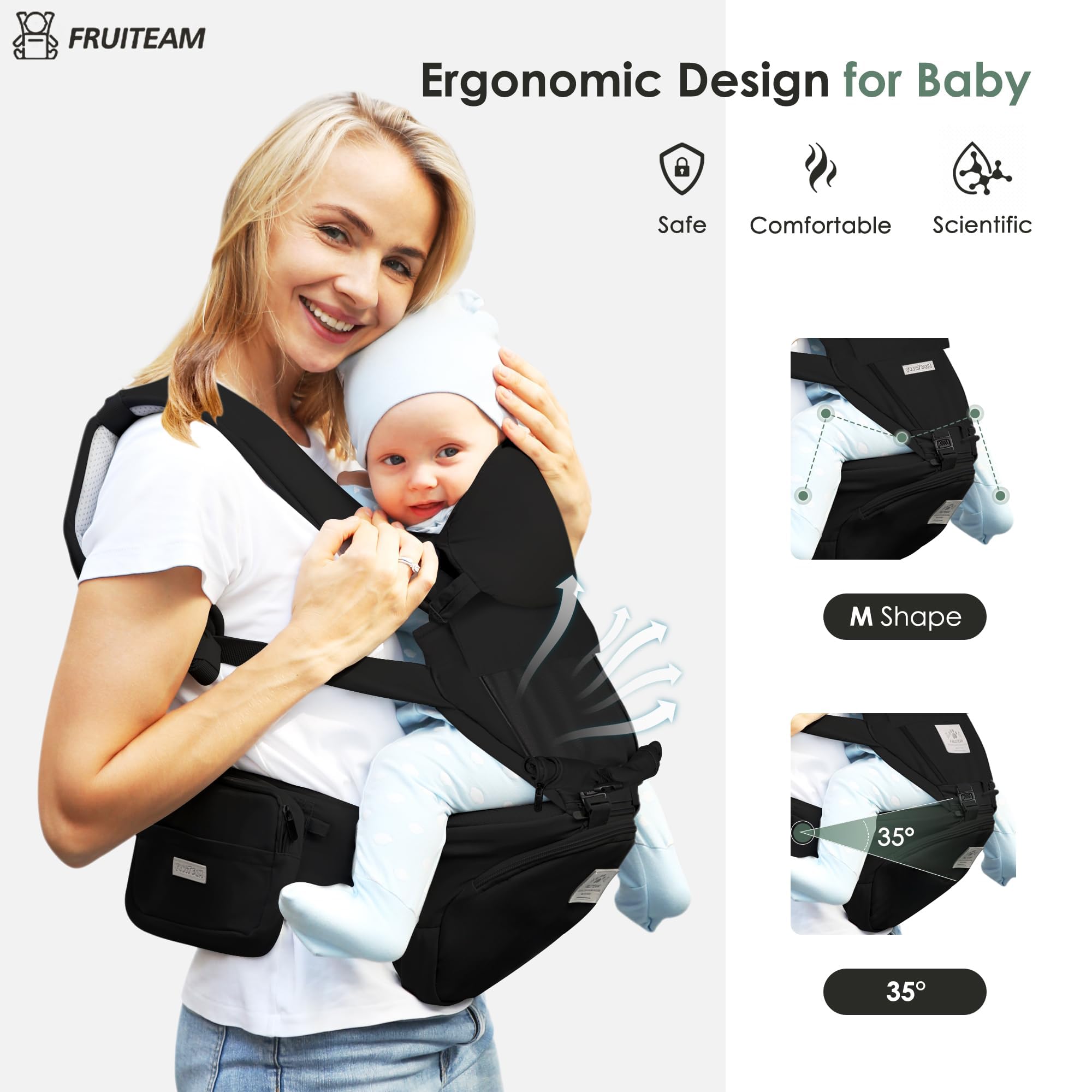 FRUITEAM back-carry mode keeps baby close while freeing your hands.