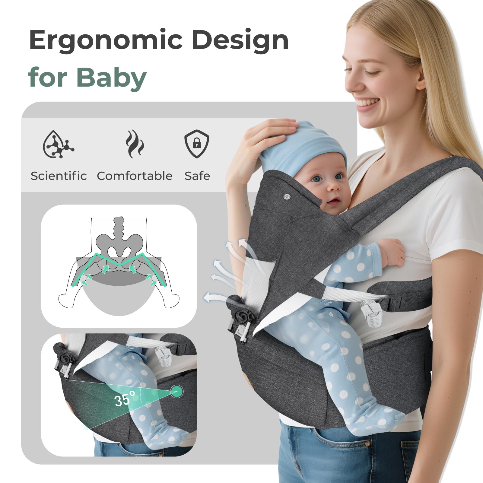 FRUITEAM hip carry configuration showing ergonomic support