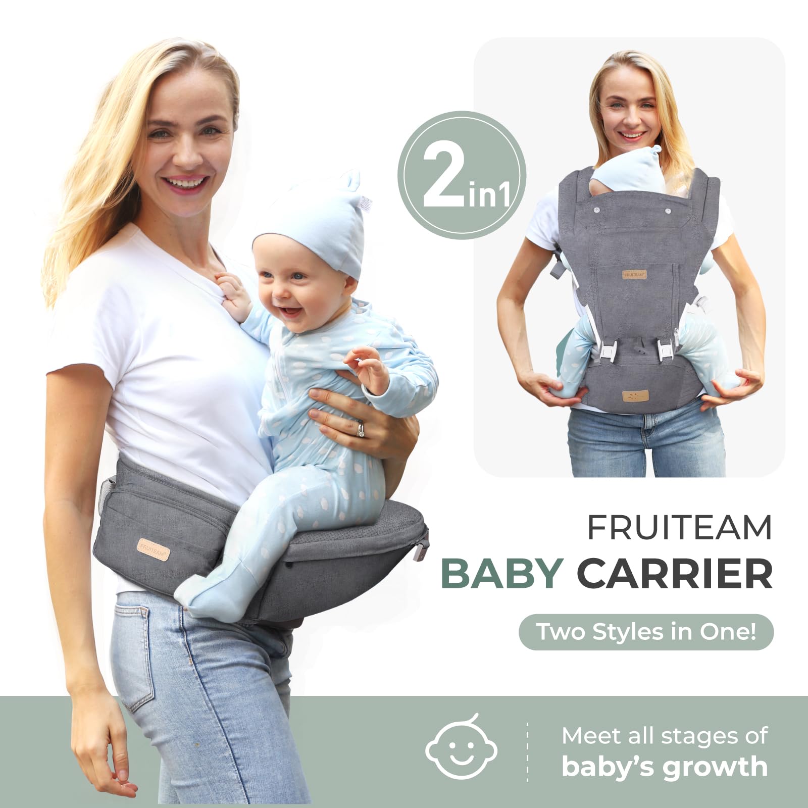FRUITEAM baby carrier hip seat adjustable hip seat emphasizes comfortable fit across body types.