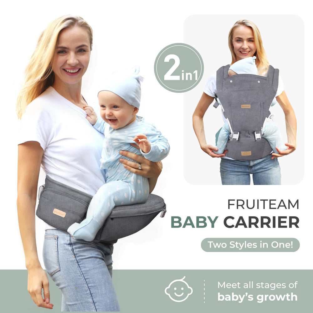 FRUITEAM baby carrier hip seat adjustable hip seat emphasizes comfortable fit across body types.