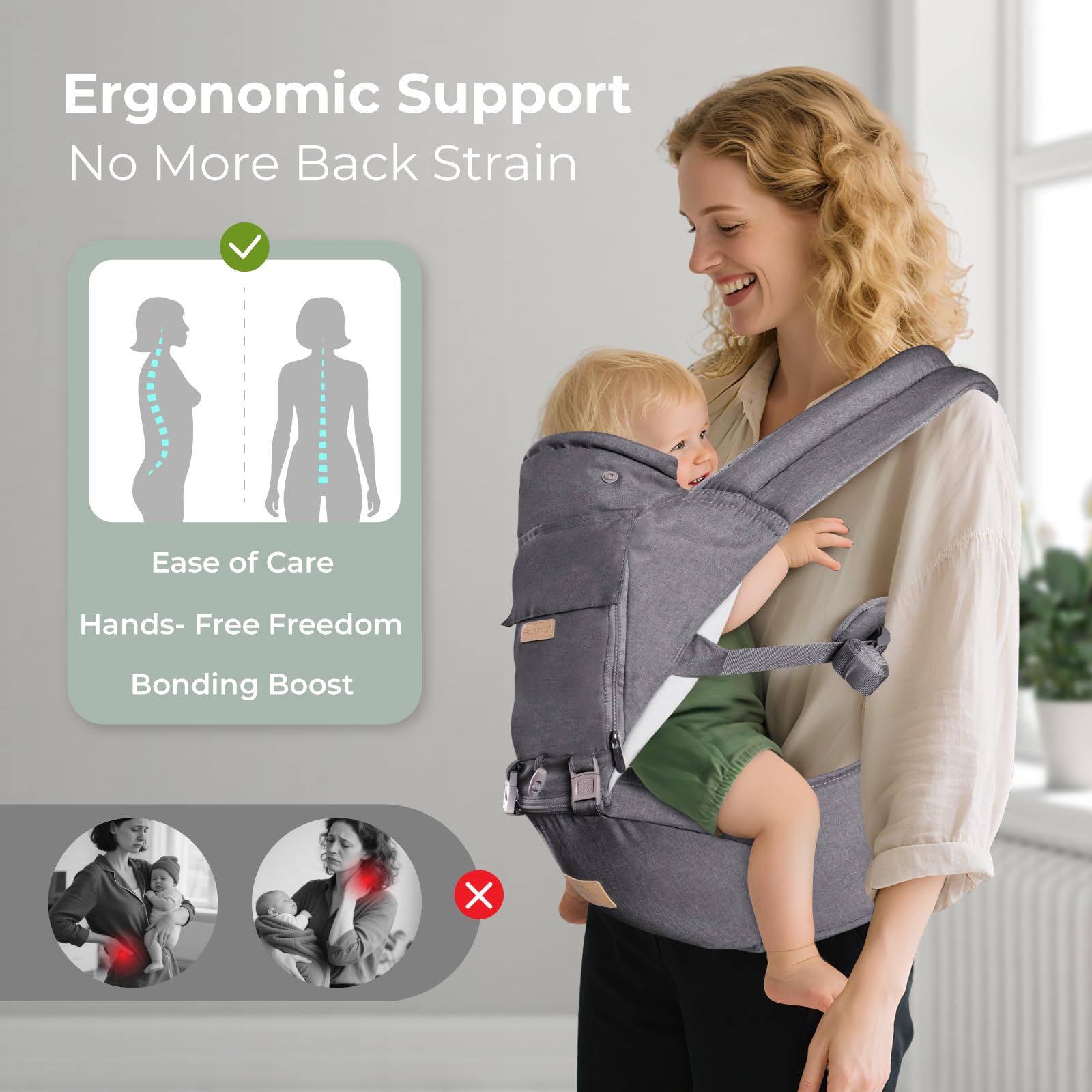 FRUITEAM baby carrier hip seat breathable mesh aids year-round comfort for baby.