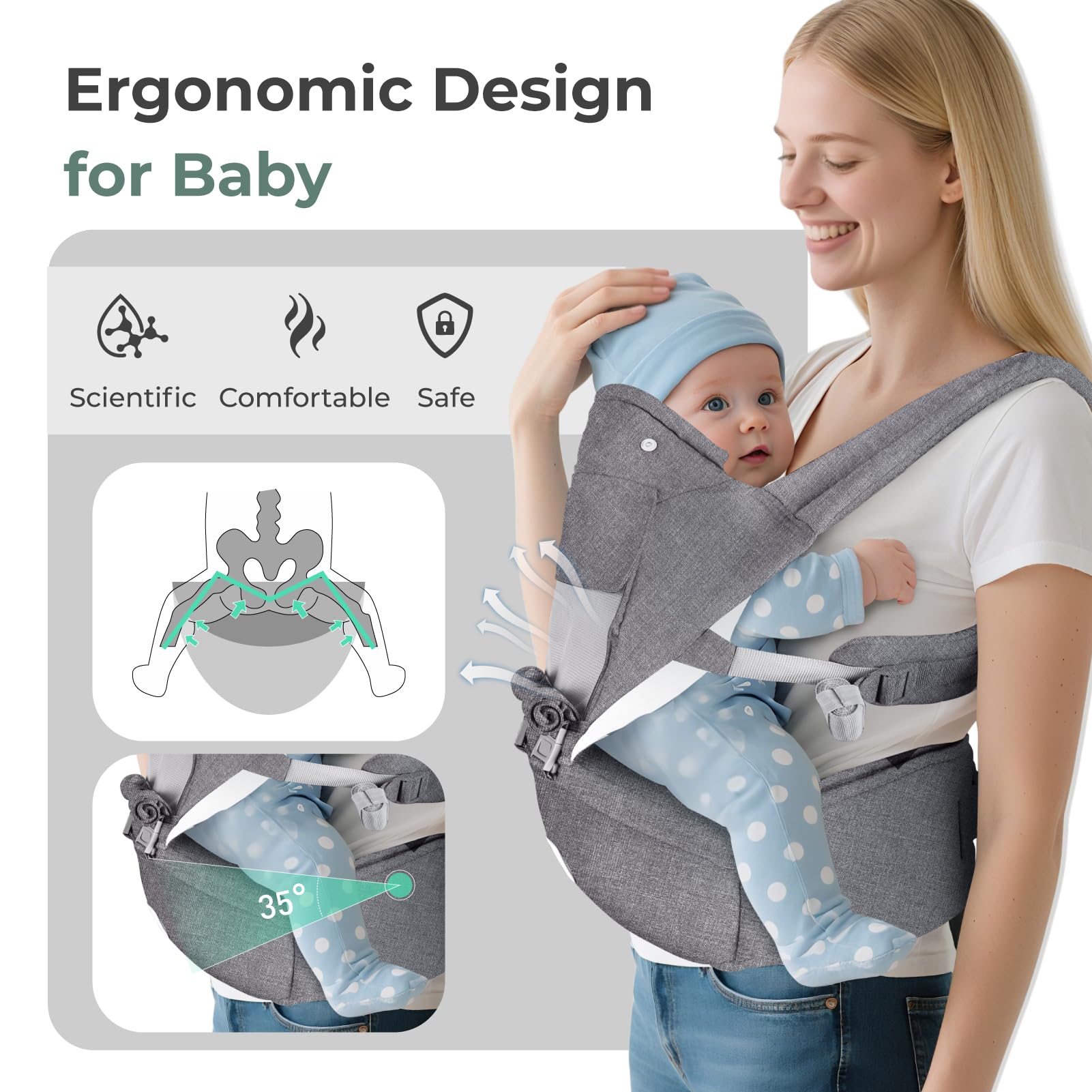 FRUITEAM baby carrier hip seat detachable straps showcases versatile 6-in-1 design for growing toddlers.