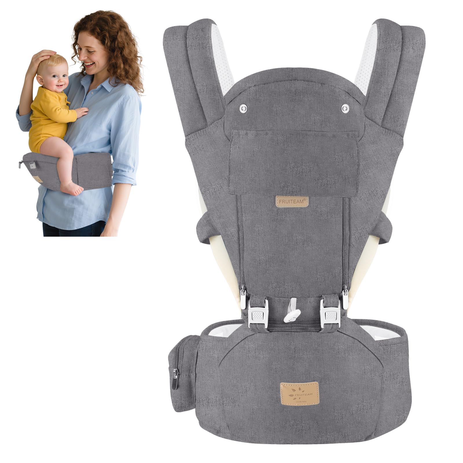 FRUITEAM baby carrier hip seat front view shows ergonomic support for comfortable baby carries.