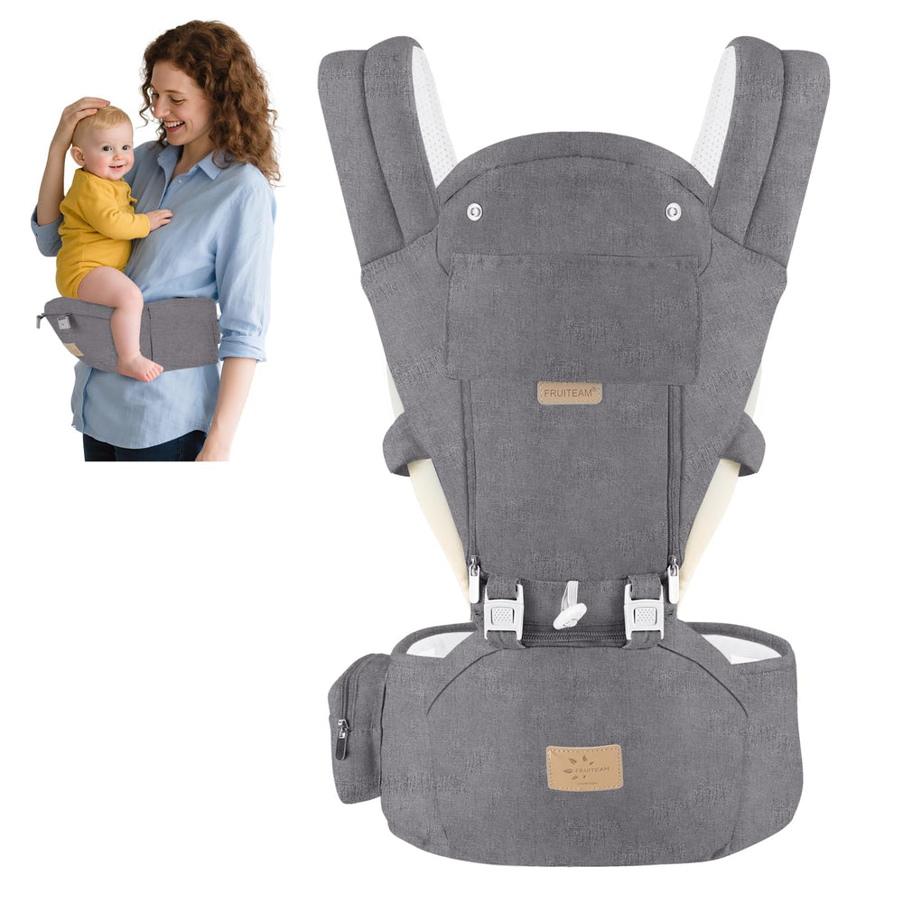 FRUITEAM baby carrier hip seat front view shows ergonomic support for comfortable baby carries.