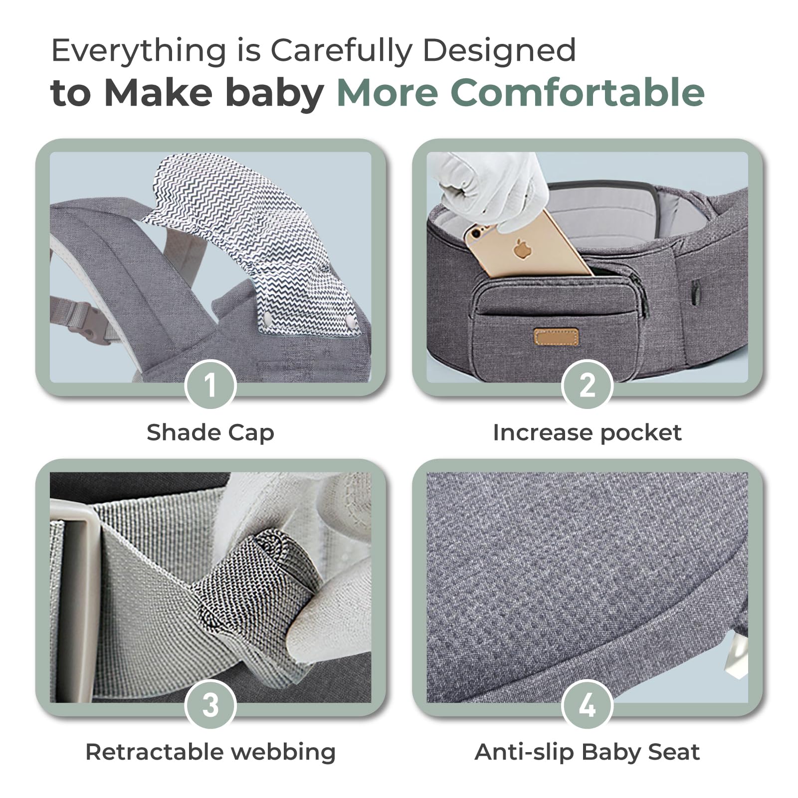 FRUITEAM baby carrier hip seat ultra-soft fabric keeps baby cool and skin-friendly.