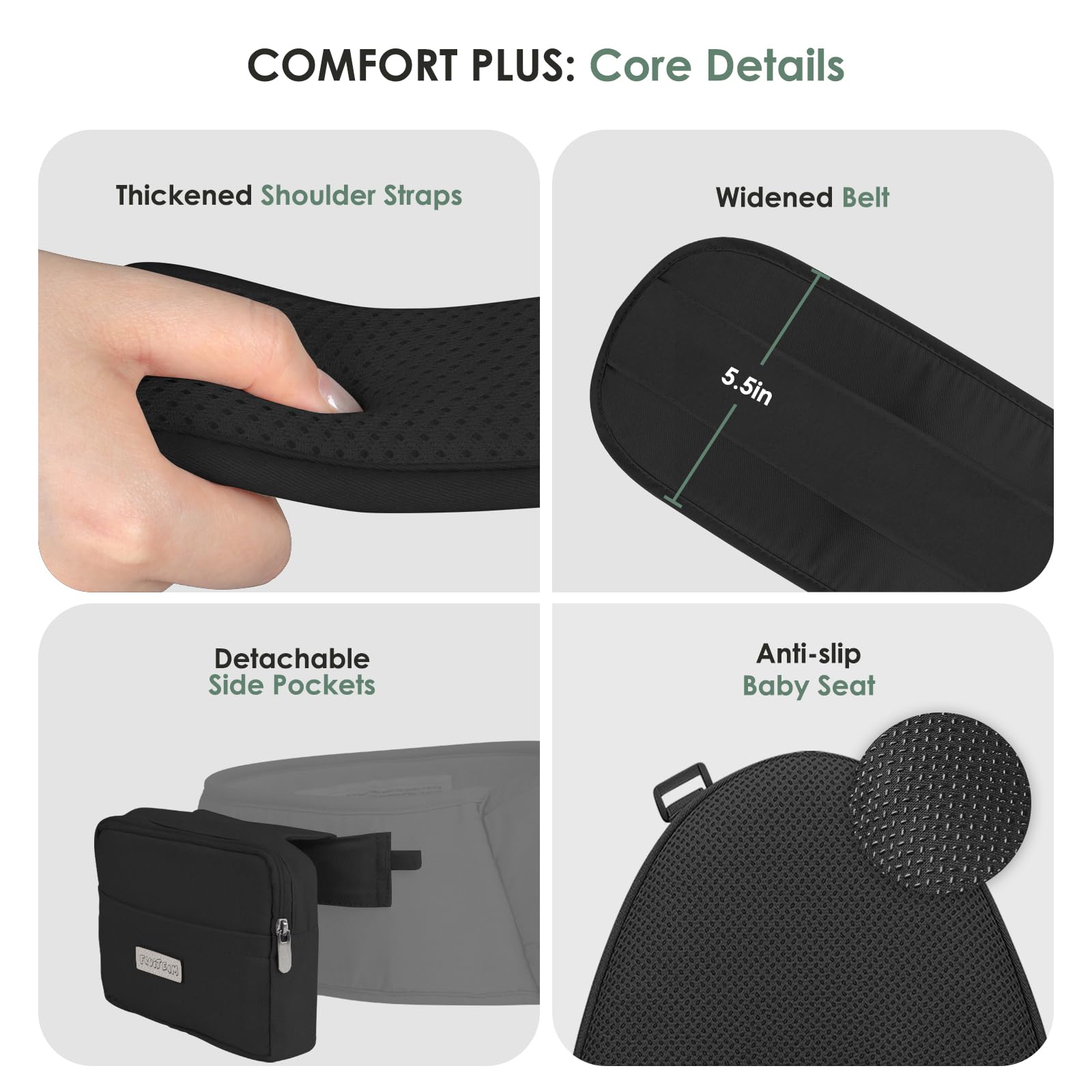 FRUITEAM hip seat distributes weight for parent comfort during wear.