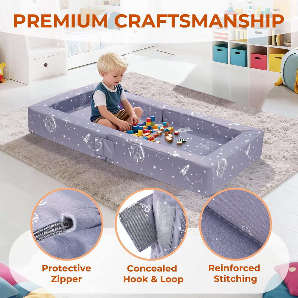 FRUITEAM travel bed sleeping area 40x16 inches offers roomy comfort.