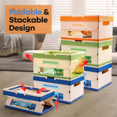 FRUSE grooved stackable design on toy boxes helps secure and organize
