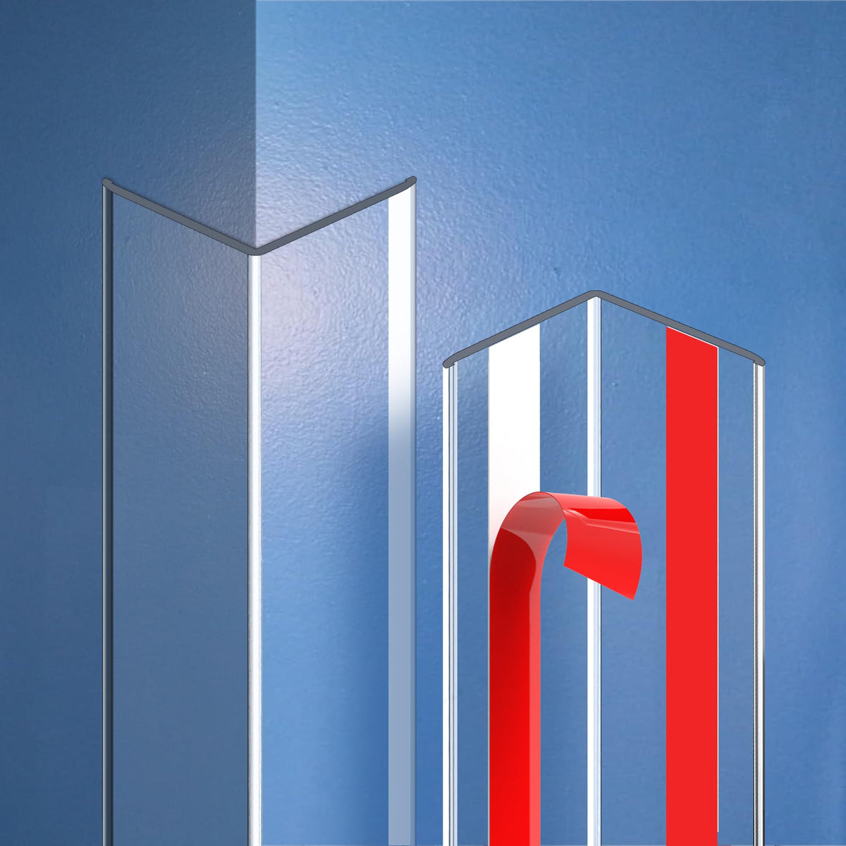 Frychee clear corner protectors on wall corner provide unobtrusive edge protection.