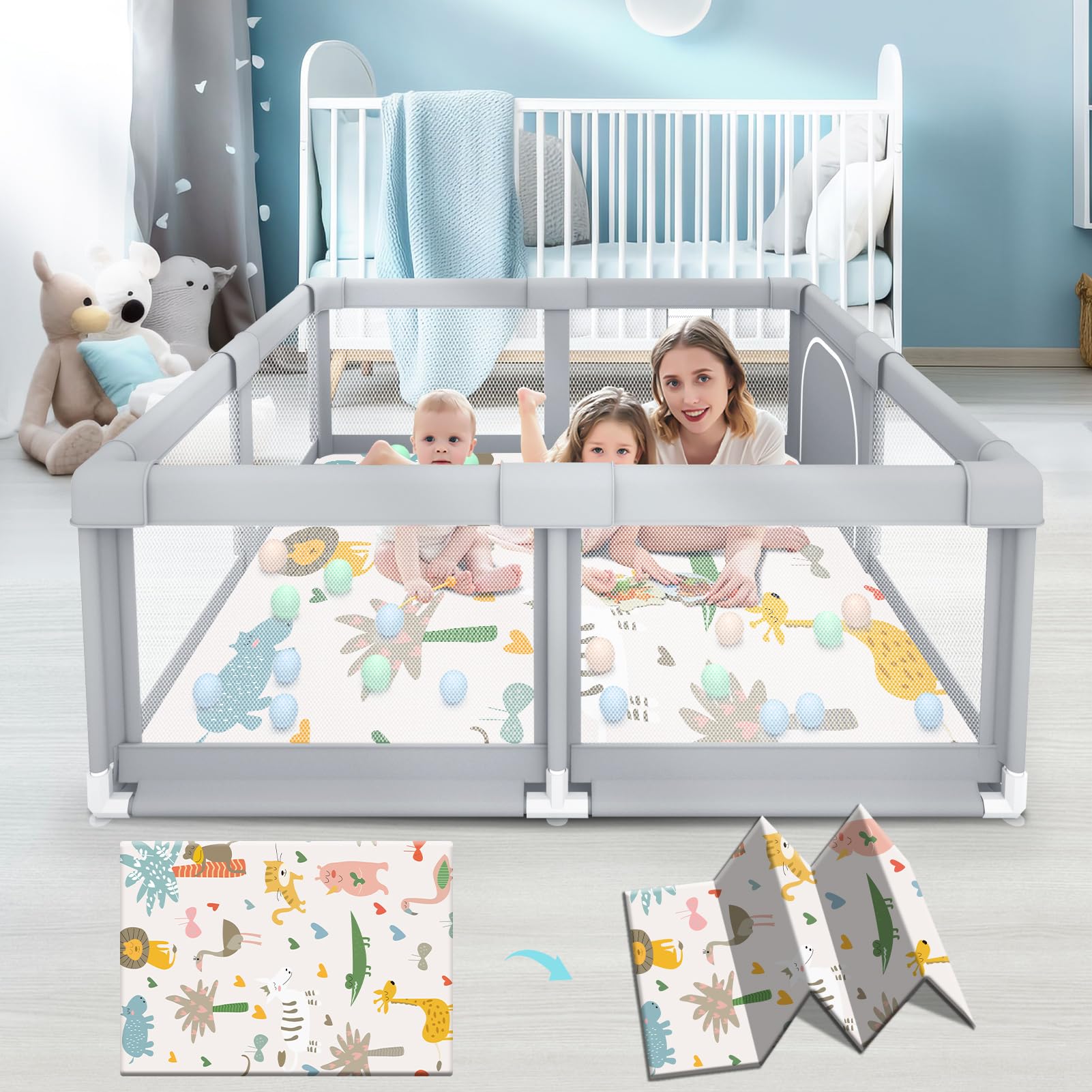 Fshibila baby playpen gray outer view showcases a safe space for outdoor or indoor play.