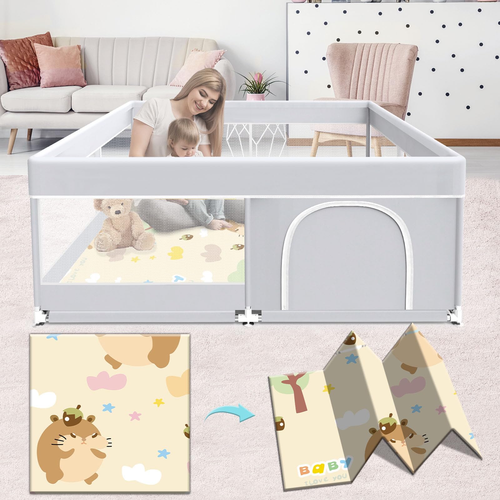 Fshibila baby playpen with mat offers a roomy play area for twins