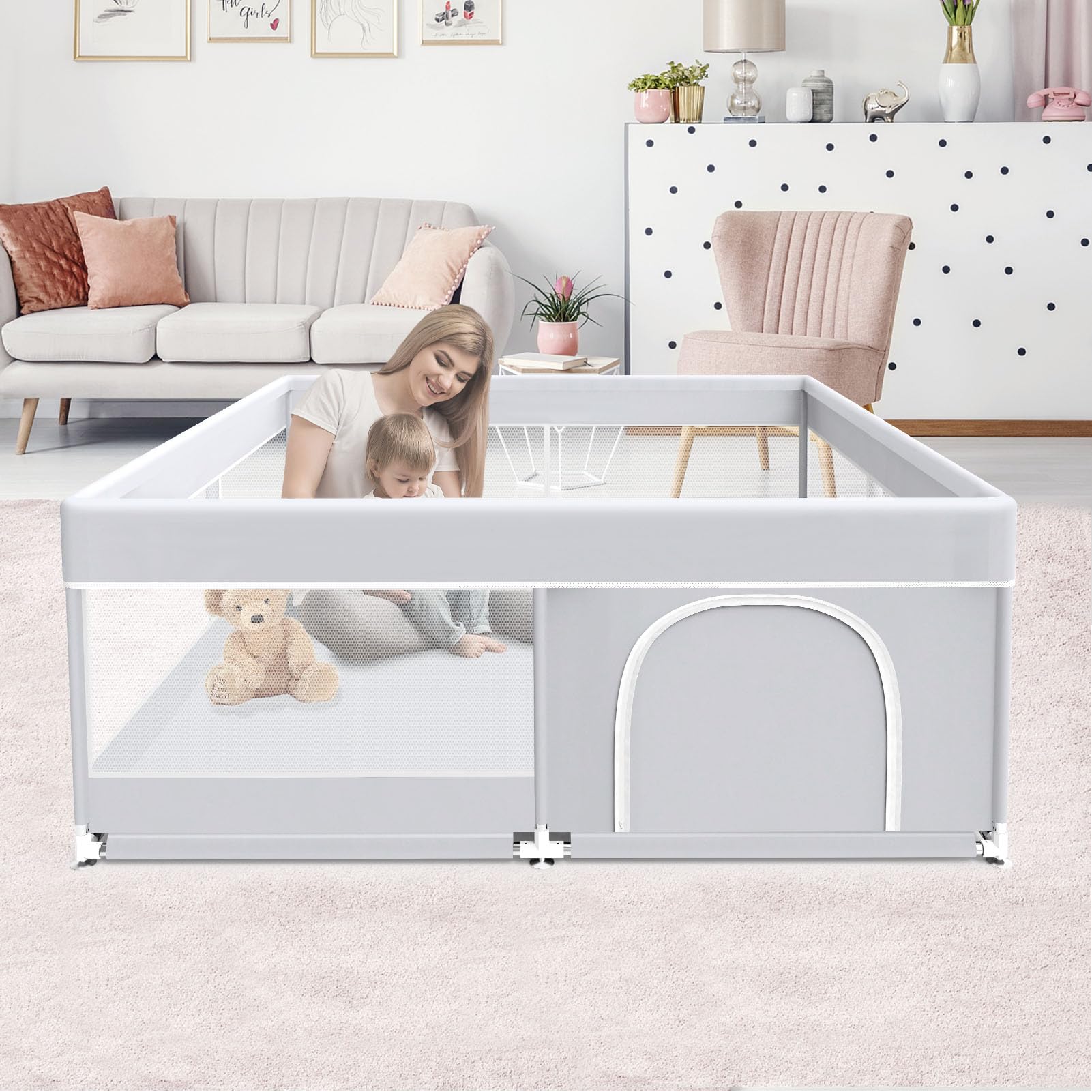Fshibila baby playpen setup showing roomy space and easy assembly