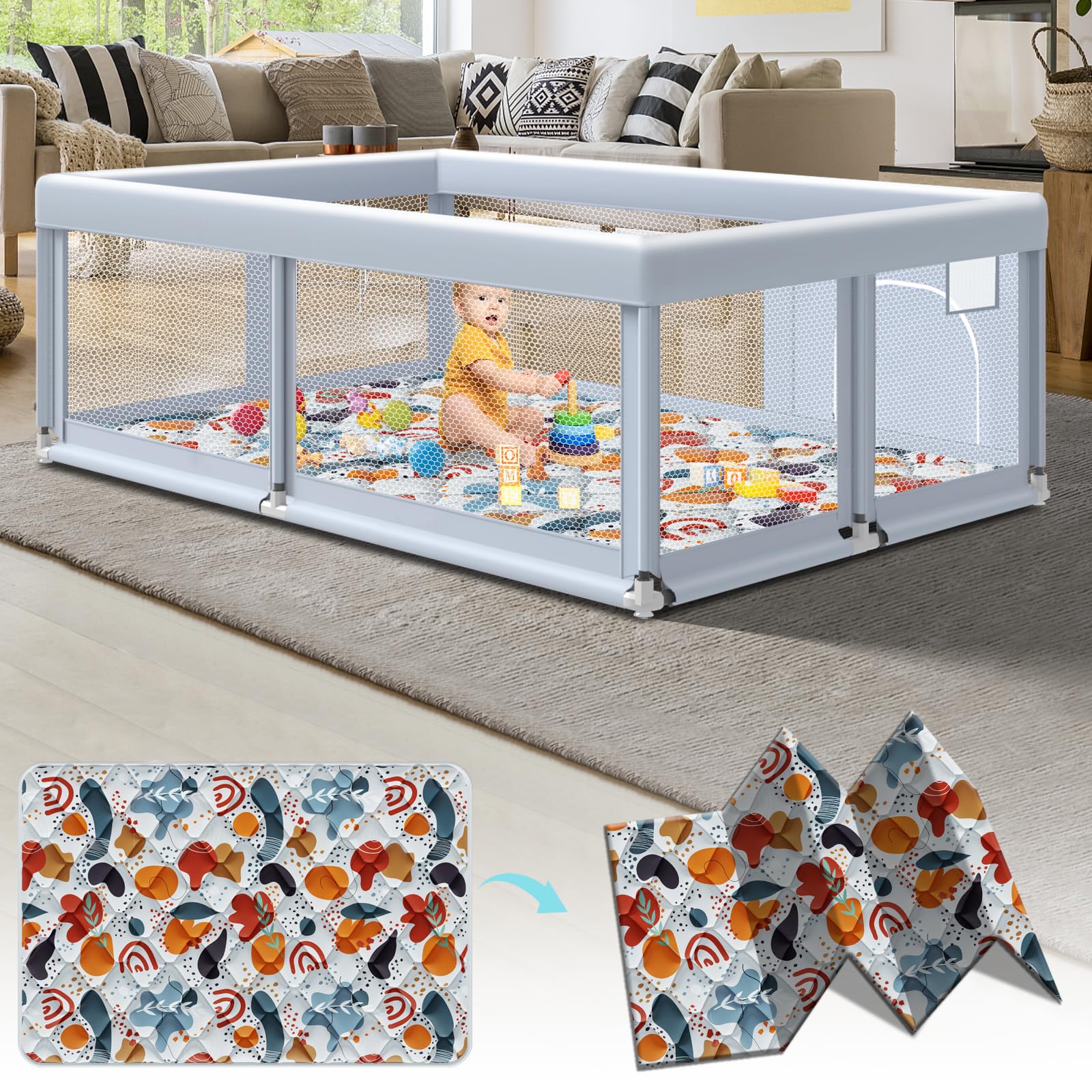 Fshibila playpen assembly shows quick setup for a wide 65x50 play area.