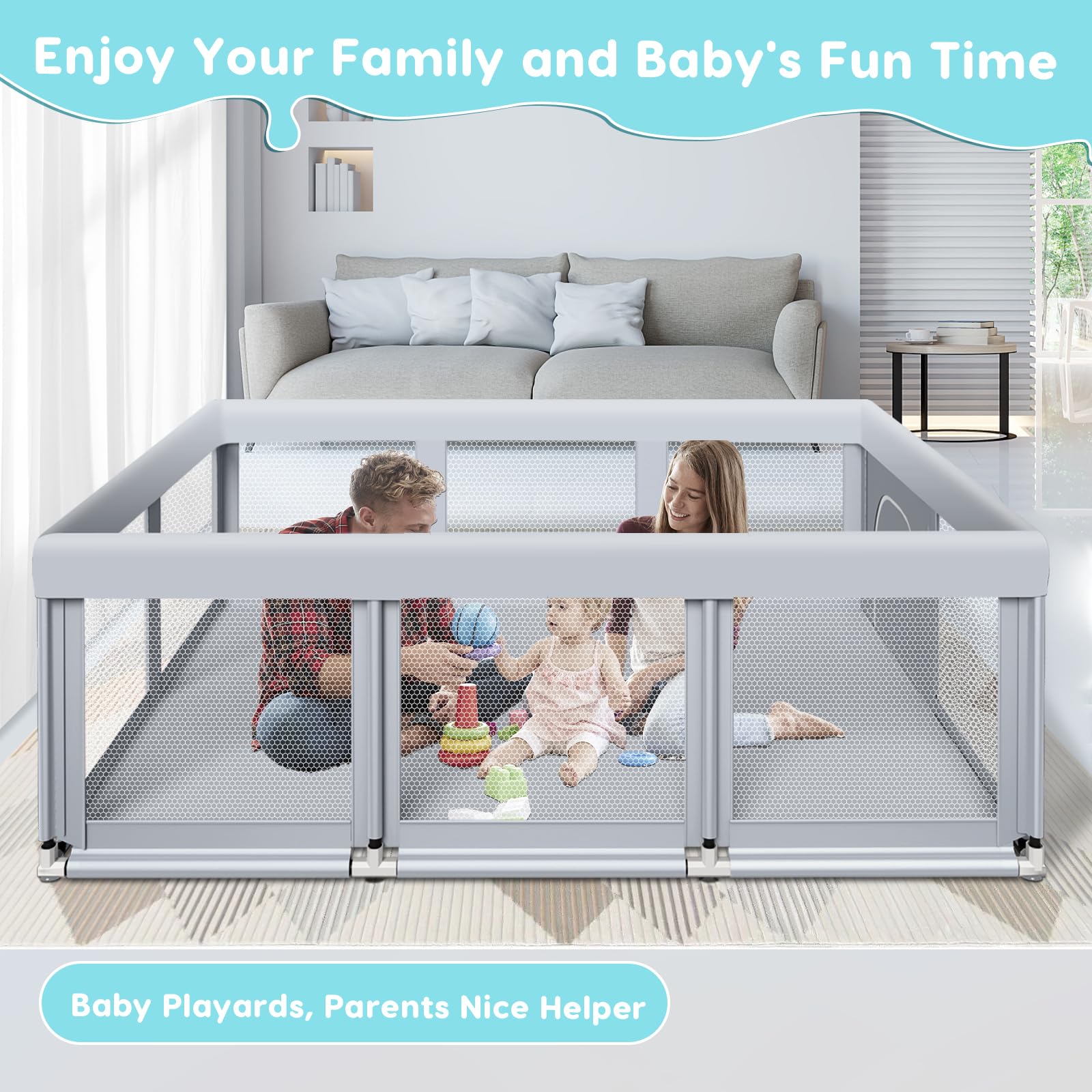Fshibila playpen interior view showing see-through mesh for easy supervision.