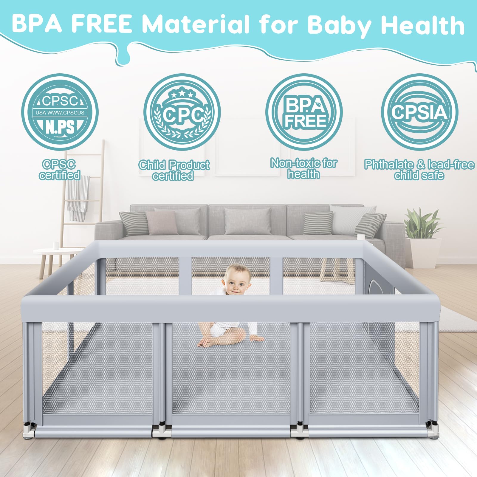 Fshibila playpen safety suction cups stabilize the enclosure on various surfaces.