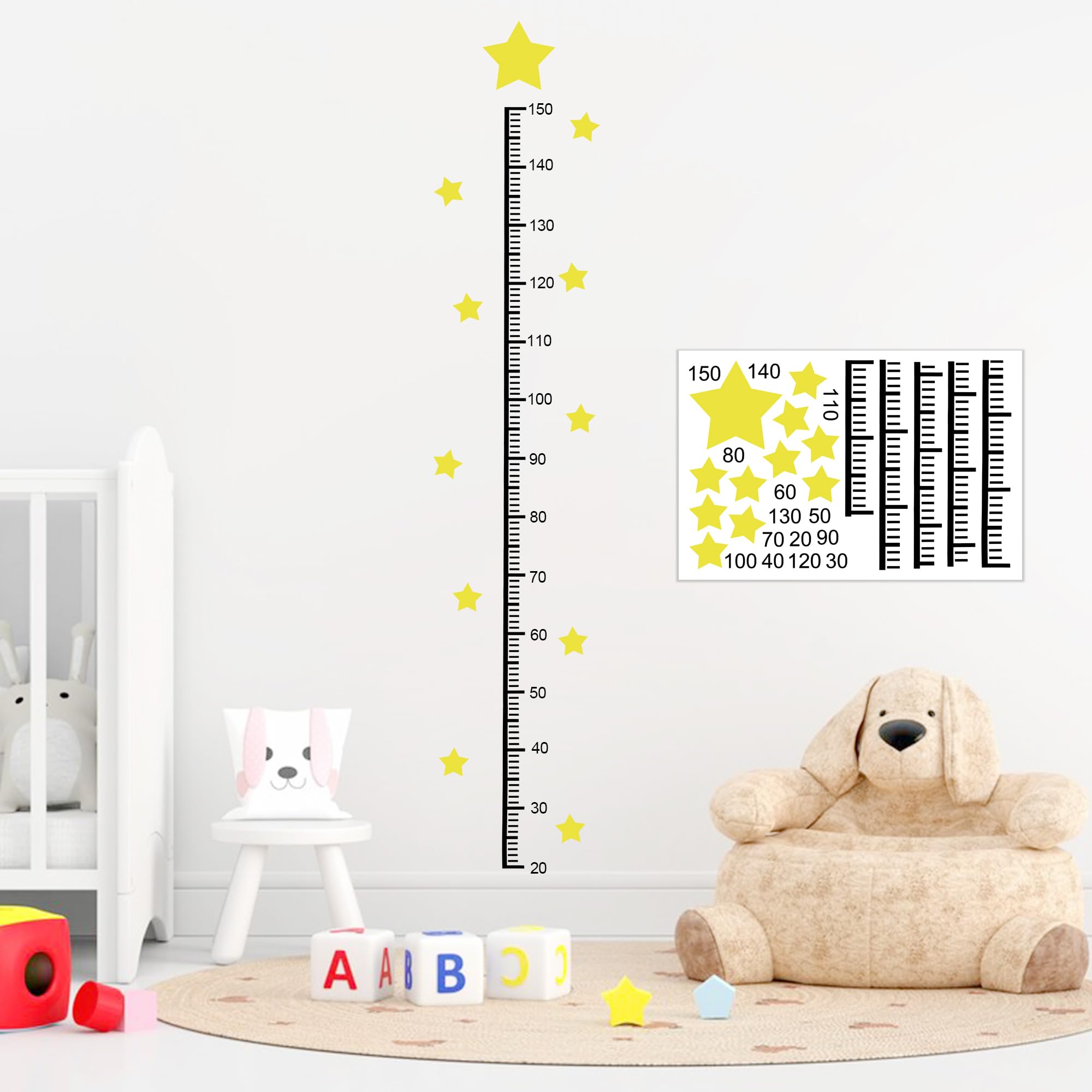 Fssqii star height chart sticker on wall for growth tracking and playful decor.