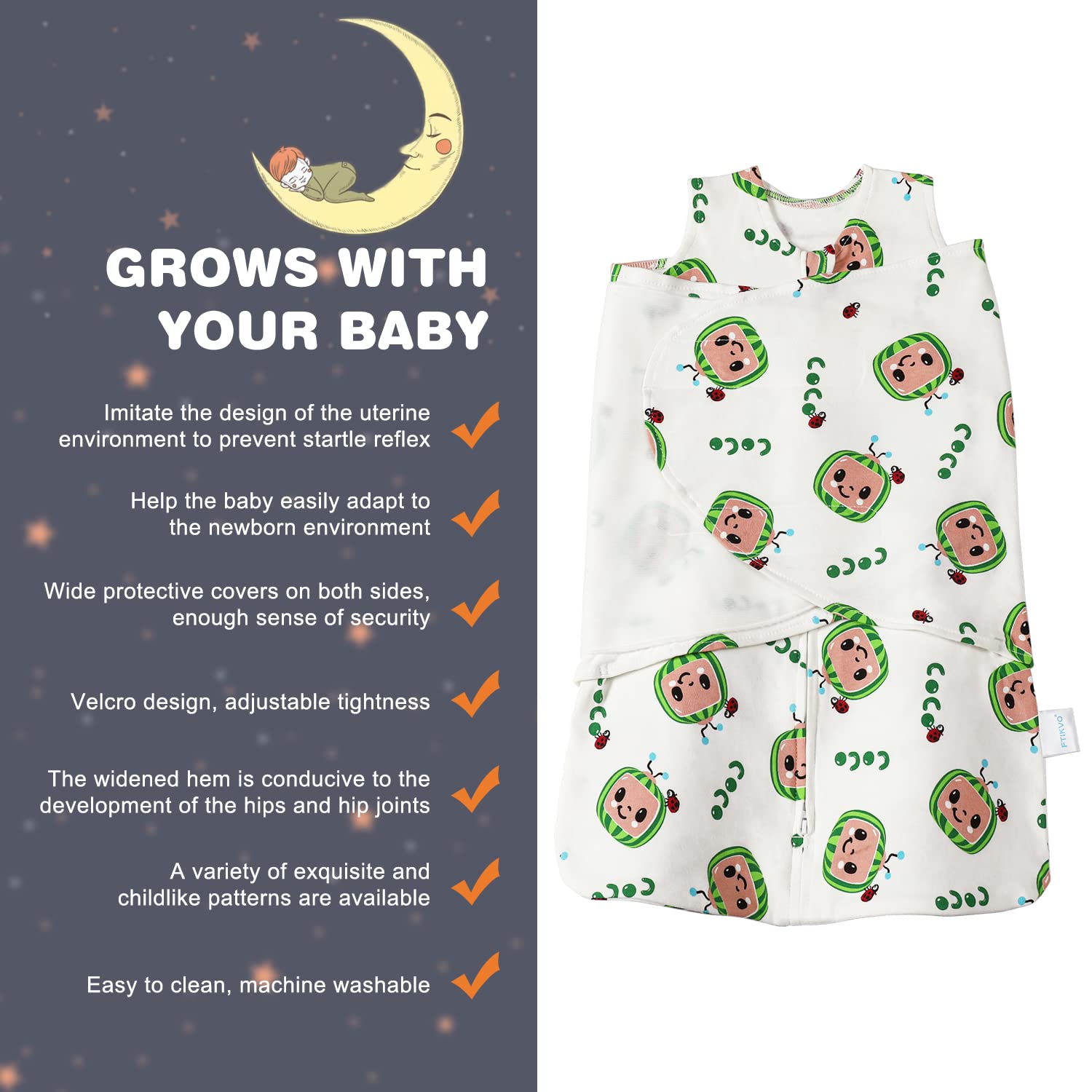 Ftikvo 3-way adjustable wearable blanket supports growing baby safely.
