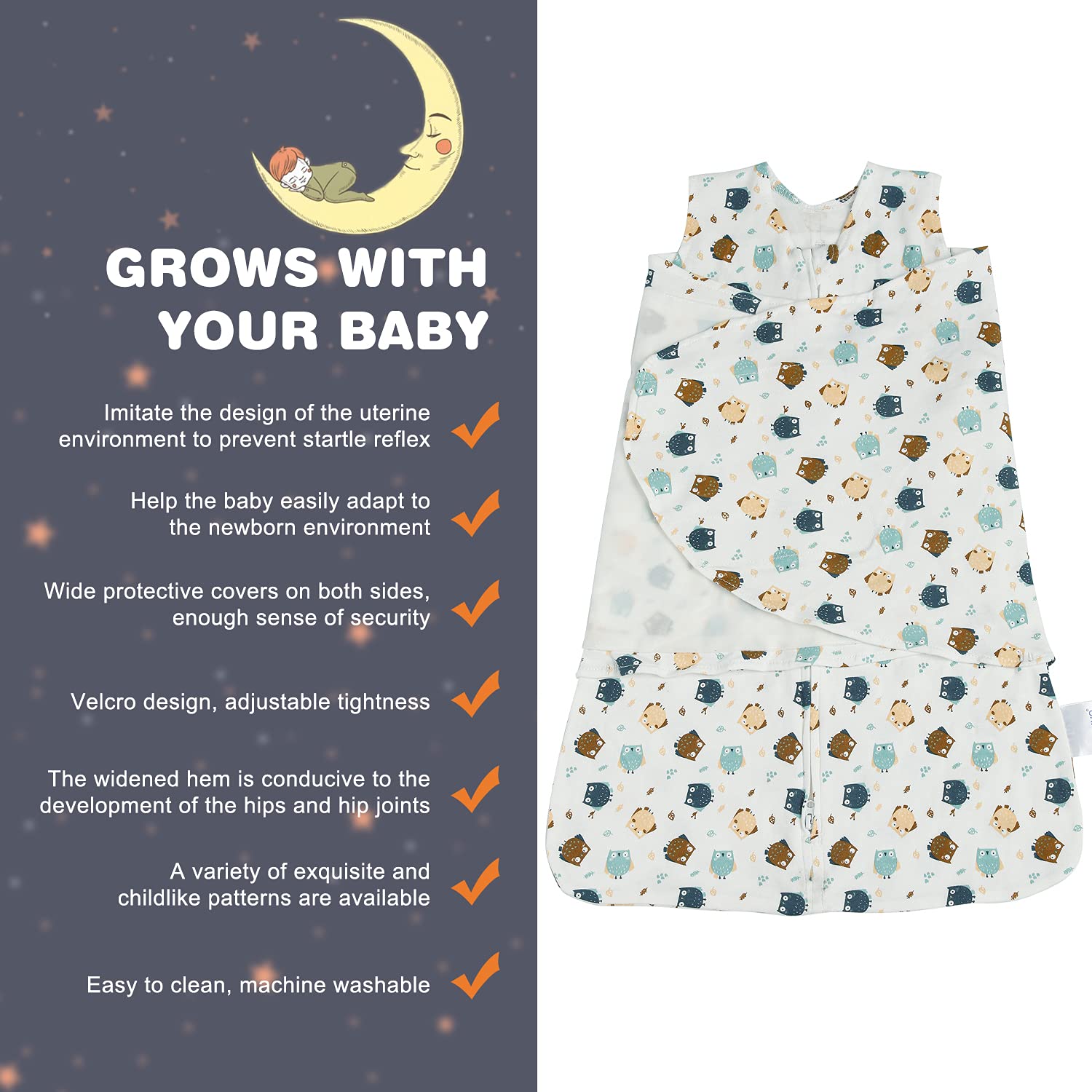 Ftikvo Owl swaddle demonstrates arm and neck openings for a safe, adjustable fit.