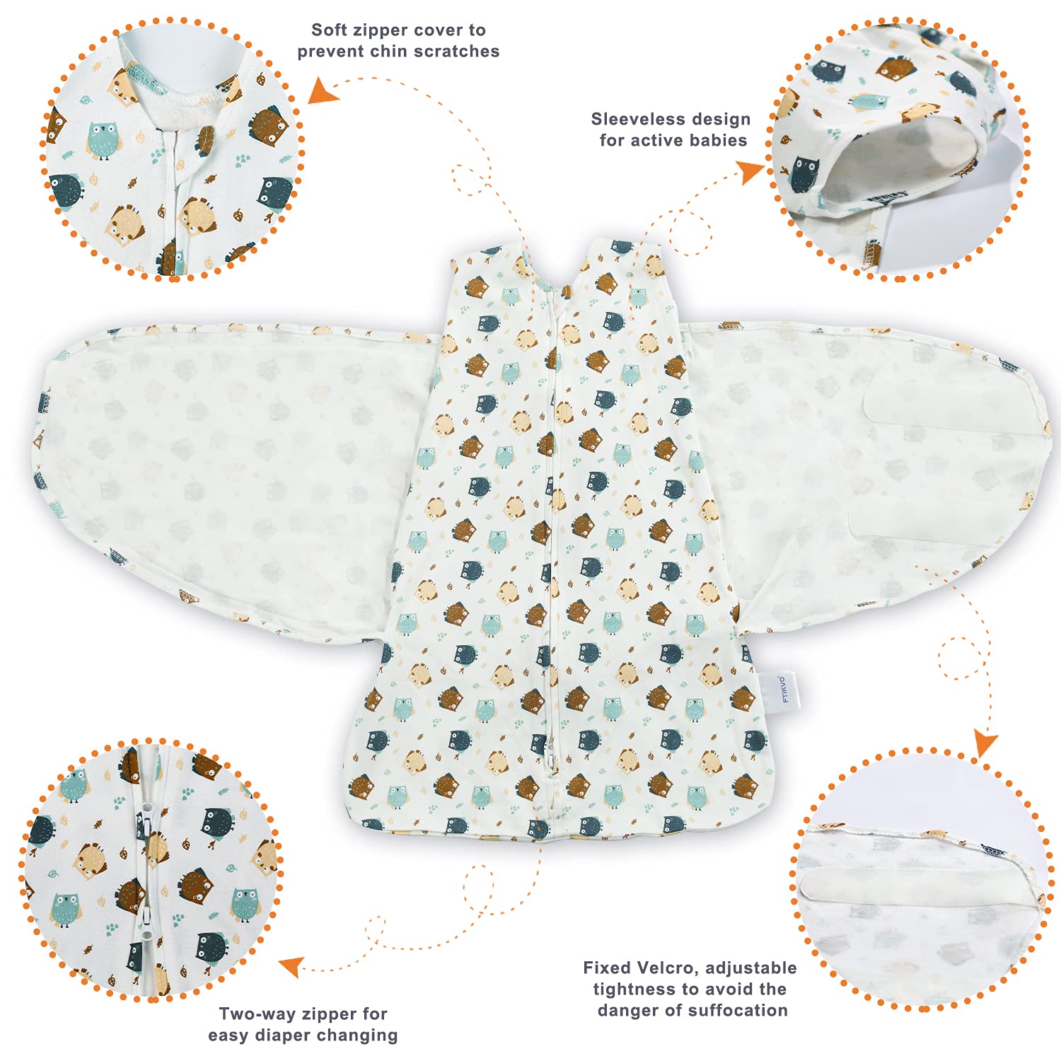 Ftikvo Owl swaddle leg sack design allows leg movement.