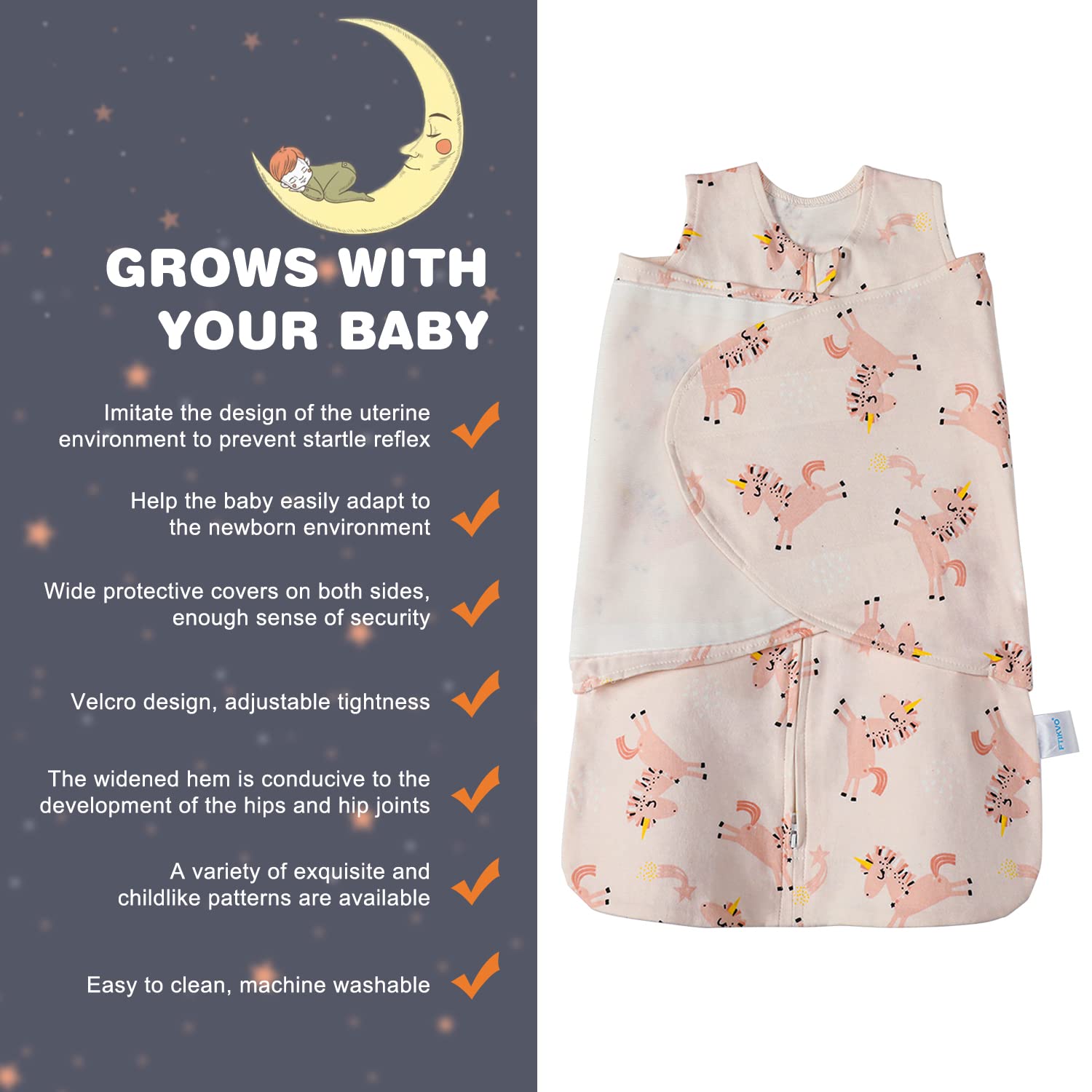 Ftikvo two-way zipper for quick diaper changes without unwrapping.