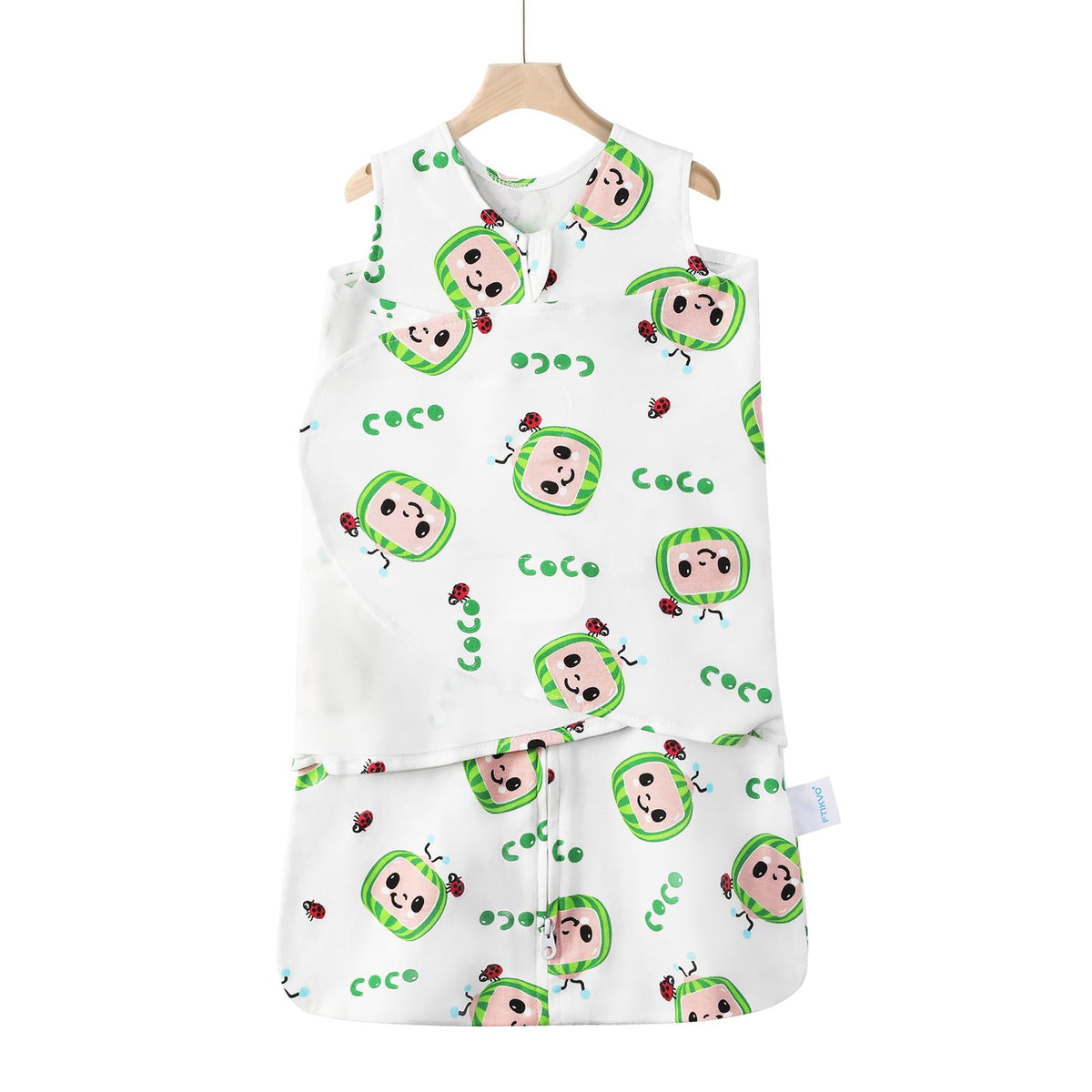 Ftikvo watermelon-pattern swaddle close-up in soft cotton for gentle comfort.