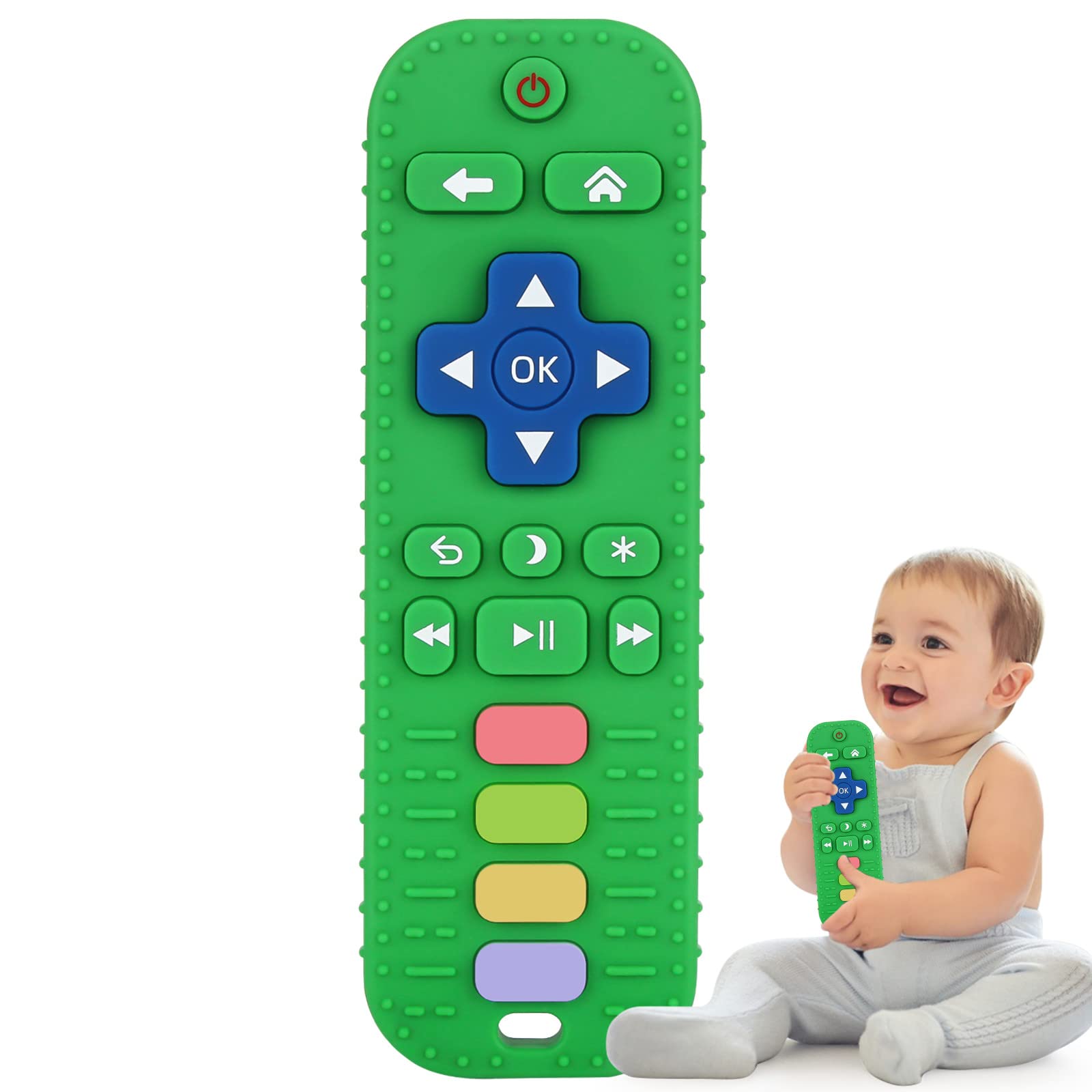 Fu Store remote-control teether in green promotes easy grasp and soothing relief.
