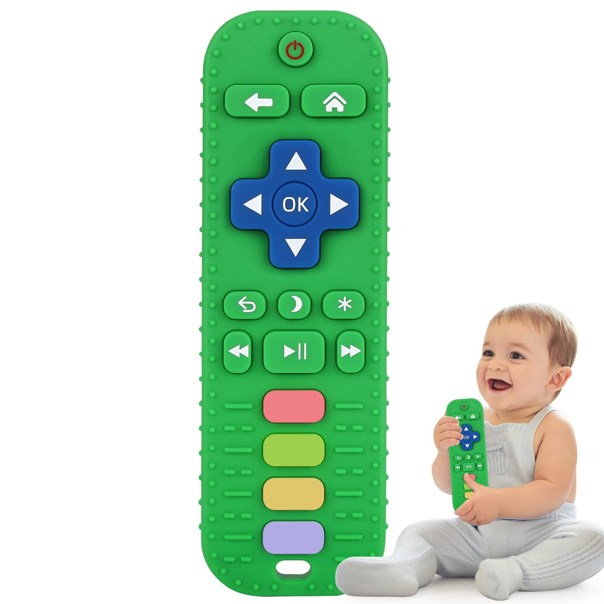 Fu Store remote-control teether in green promotes easy grasp and soothing relief.