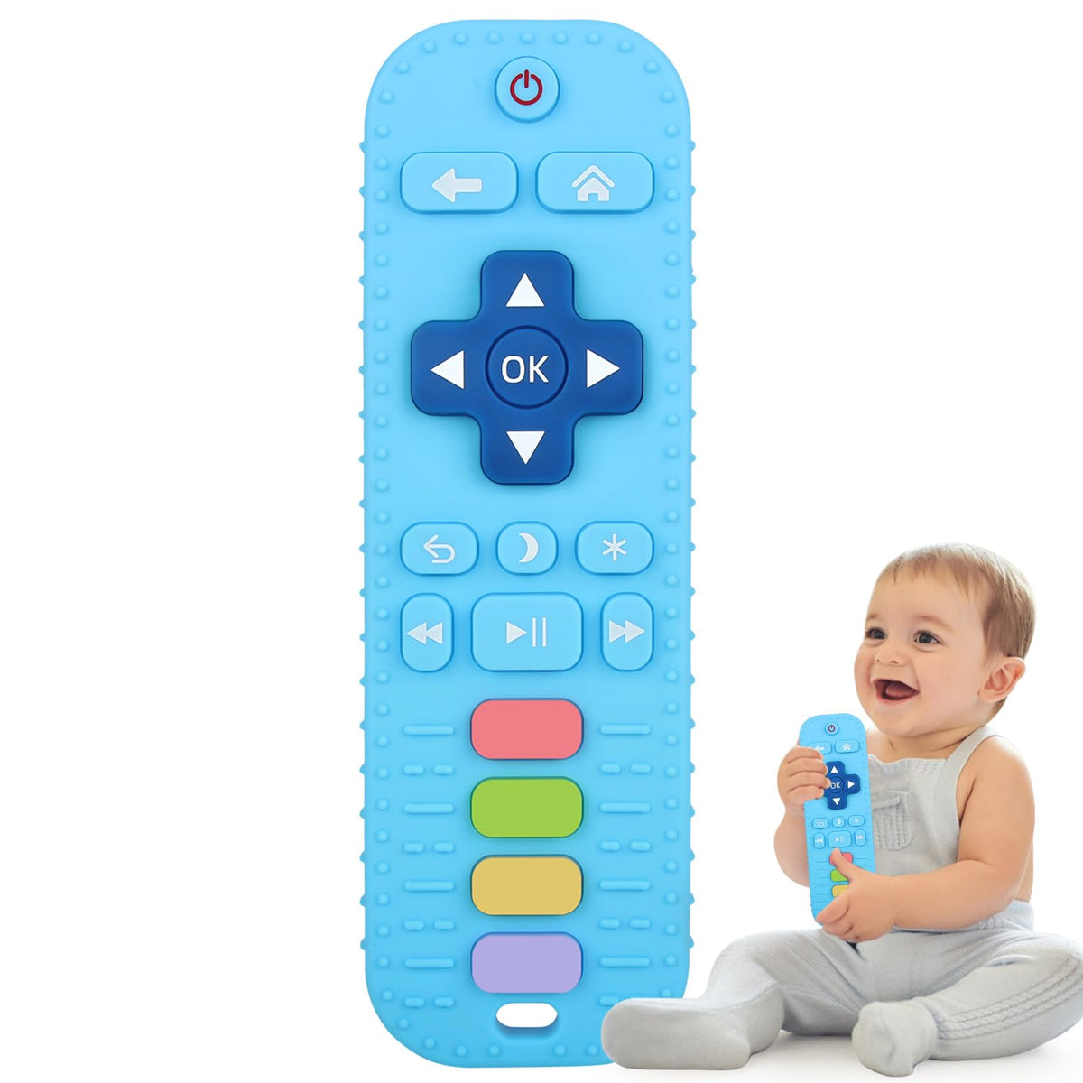 Fu Store remote-control blue silicone teether calms gums and supports tactile play