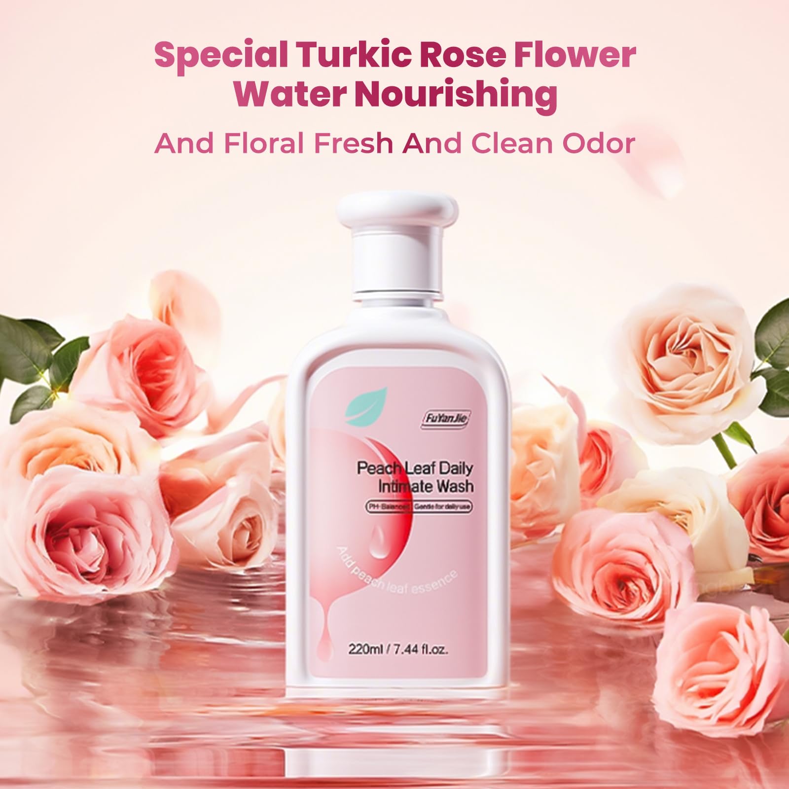 fu yan jie Peach Leaf Wash packaging emphasizes cruelty-free and safe formulation