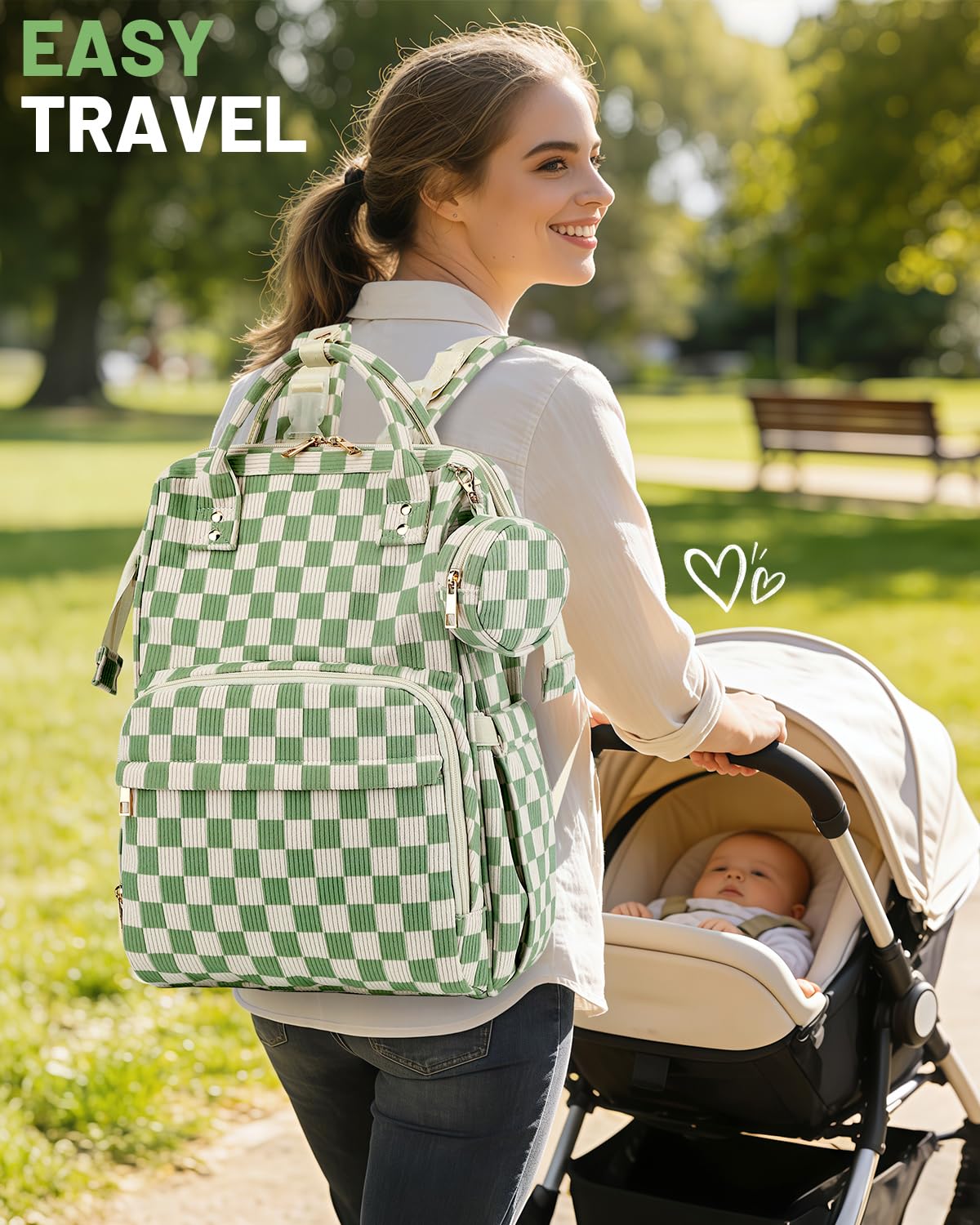 Fufazfo Corduroy Diaper Bag Backpack checkered green design for modern parents