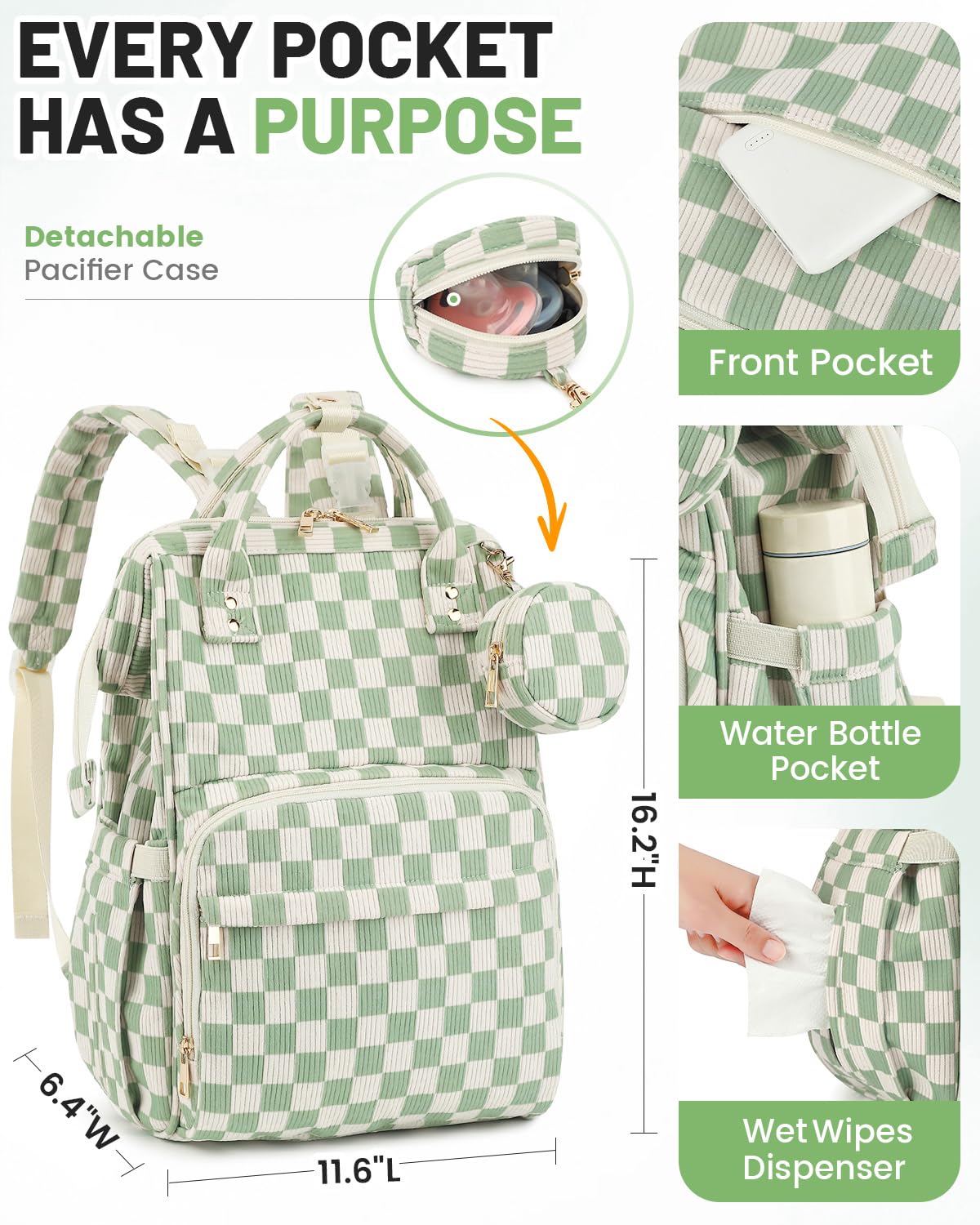 Fufazfo Corduroy Diaper Bag Backpack detachable pacifier pouch for clean storage