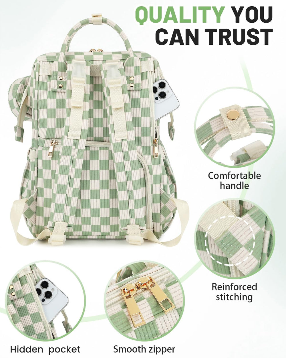 Fufazfo Corduroy Diaper Bag Backpack stroller clip for secure attachment