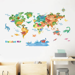 FUFUQUARE Dinosaur World Map wall sticker featuring vibrant dinosaurs for kids’ rooms.