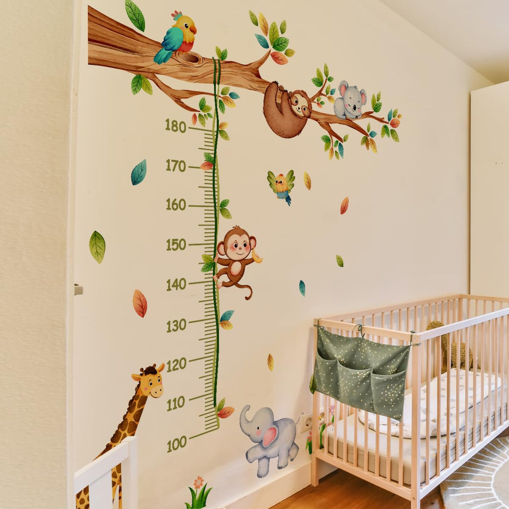 FUFUQUARE growth chart sticker set featuring vines and a monkey, giraffe, and elephant for vibrant nurseries