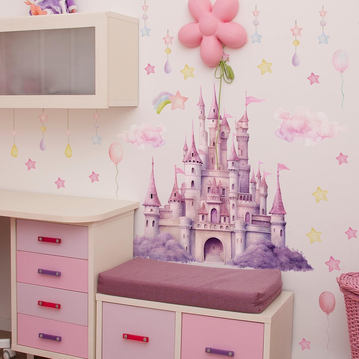 Fufuquare pink clouds and star accents create dreamy ceiling ambiance