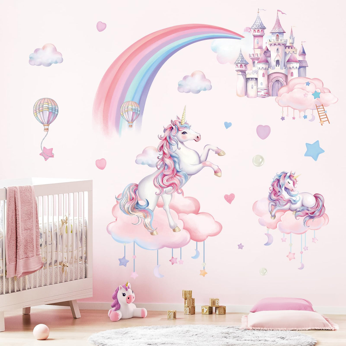 FUFUQUARE rainbow clouds wall stickers create a dreamy nursery backdrop.