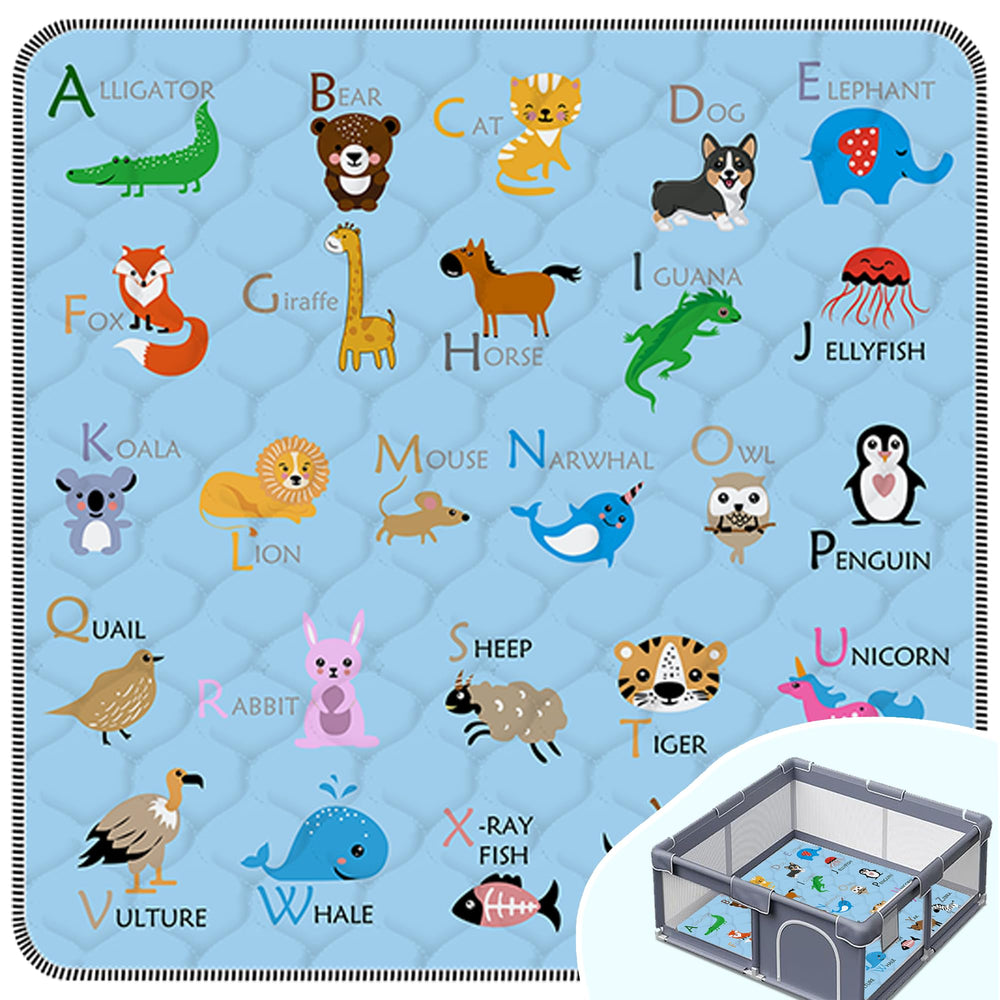 FUGWU baby play mat in blue animal pattern provides a safe floor play space.
