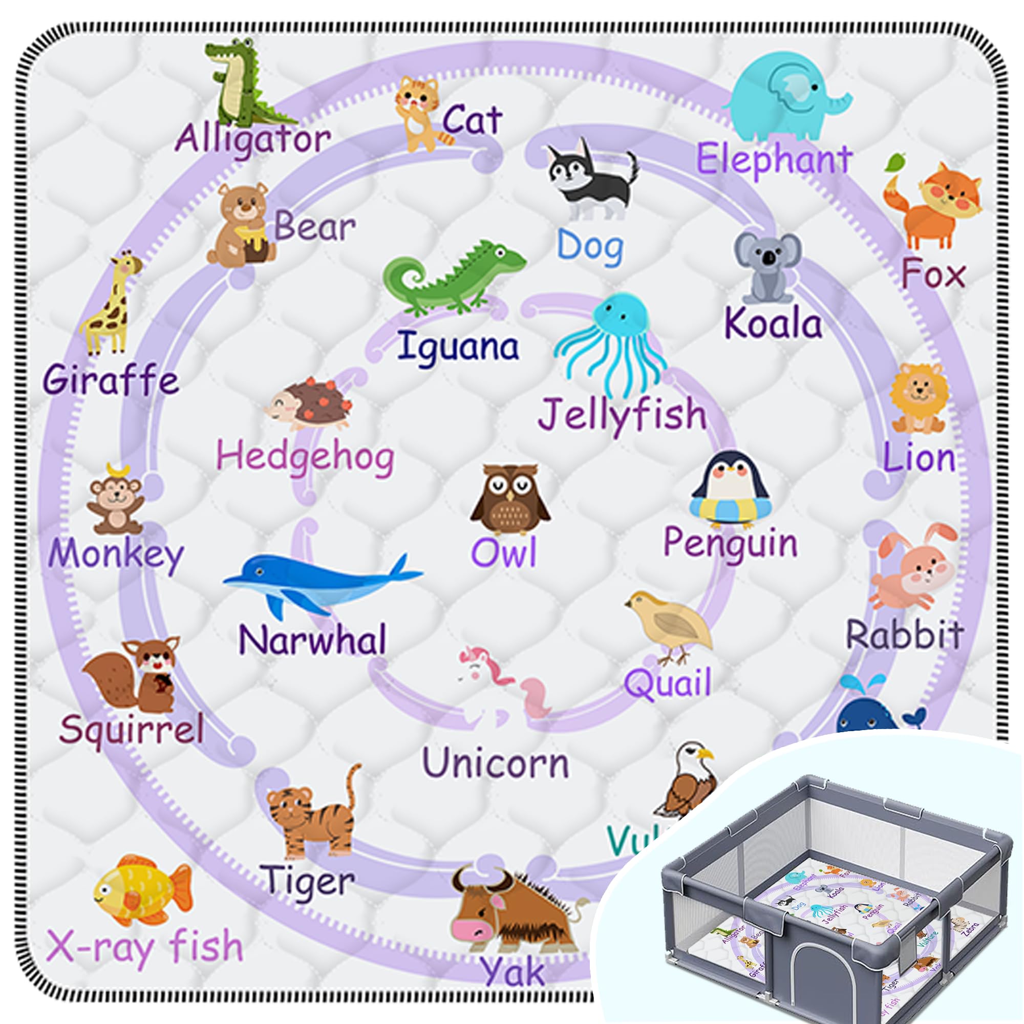 FUGWU baby play mat 50x50 with purple animal design for tummy time and discovery