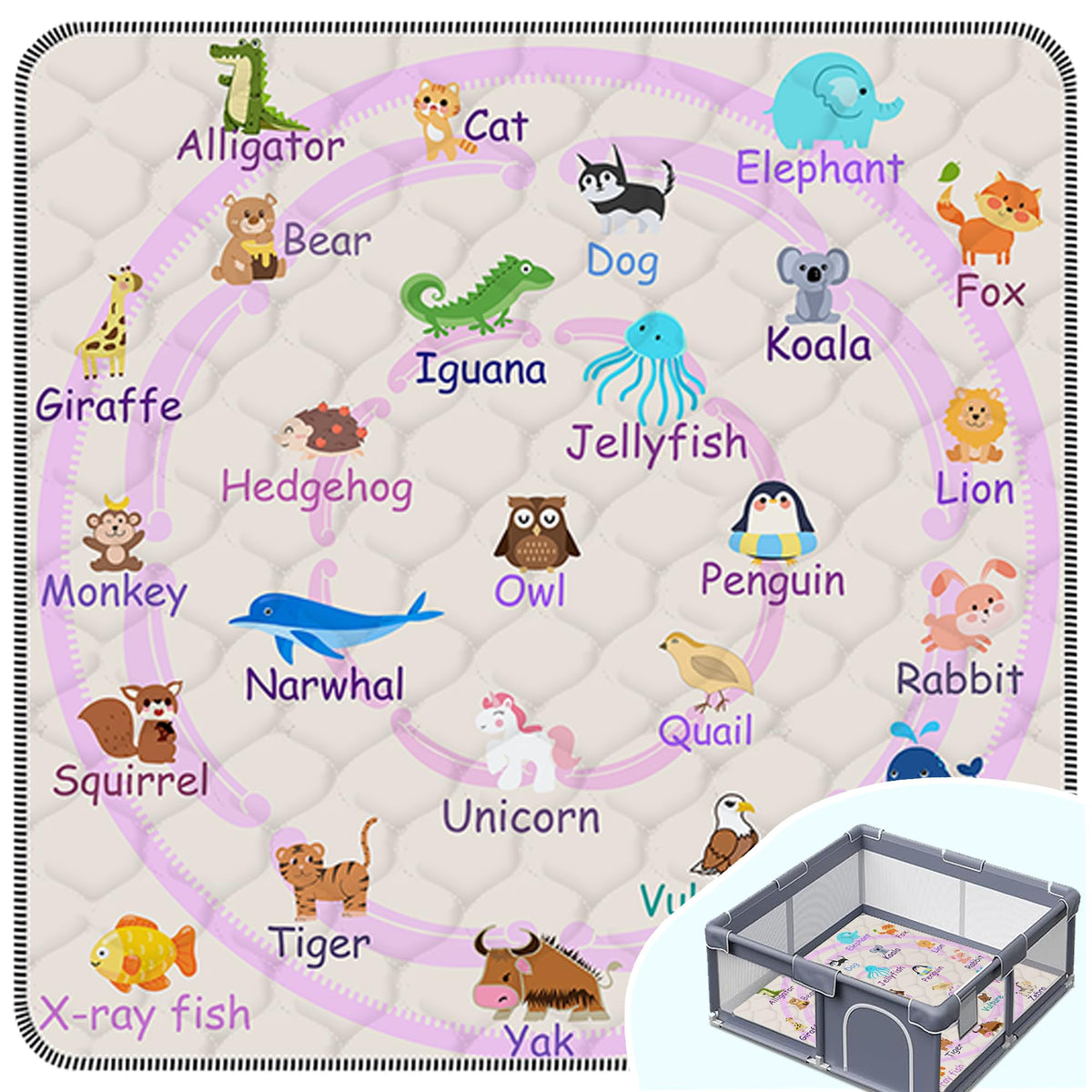 FUGWU Baby Play Mat 71x79 inches, flat lay, soft pink animal pattern for cozy play.