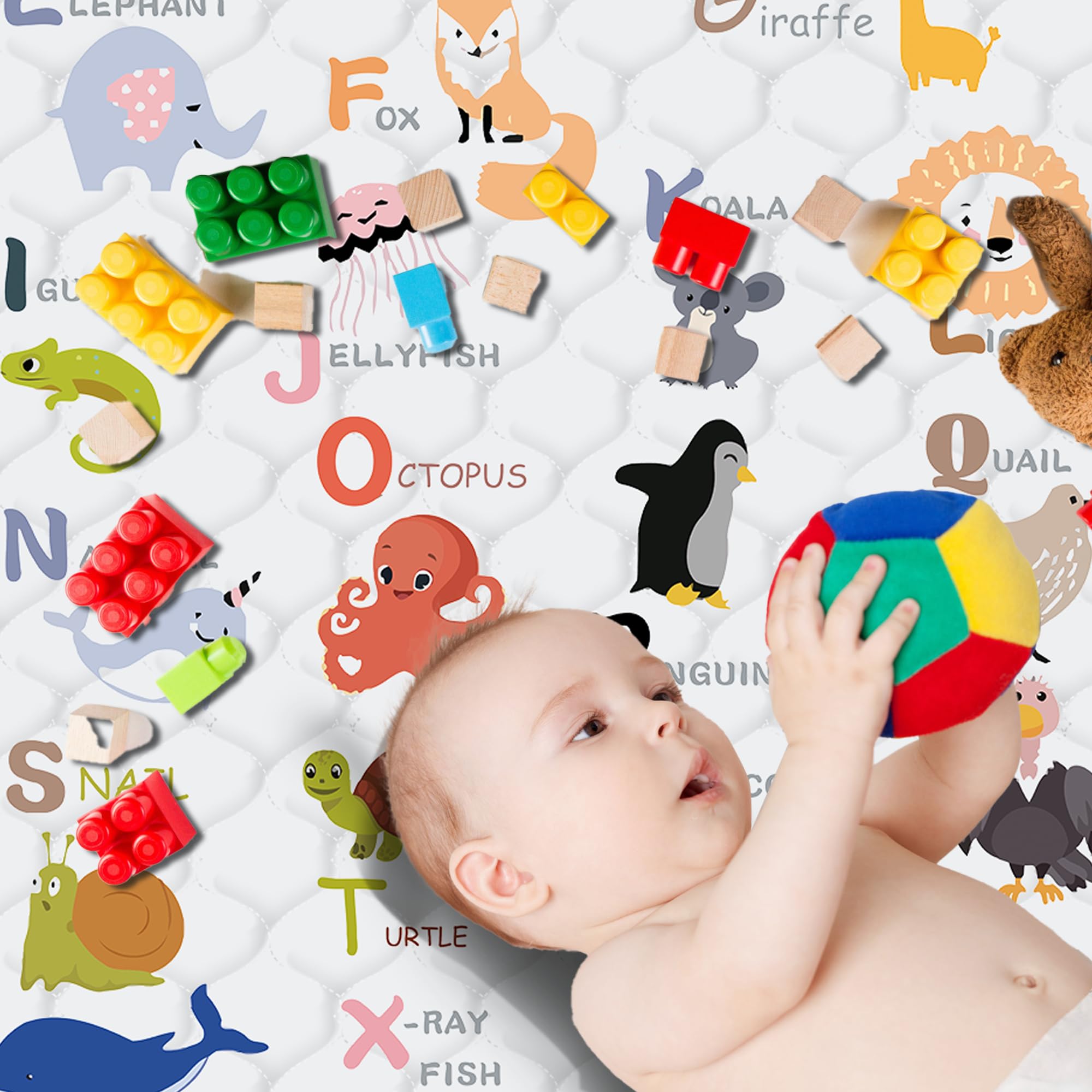 Animal Alphabet pattern on the FUGWU mat supports visual interest.