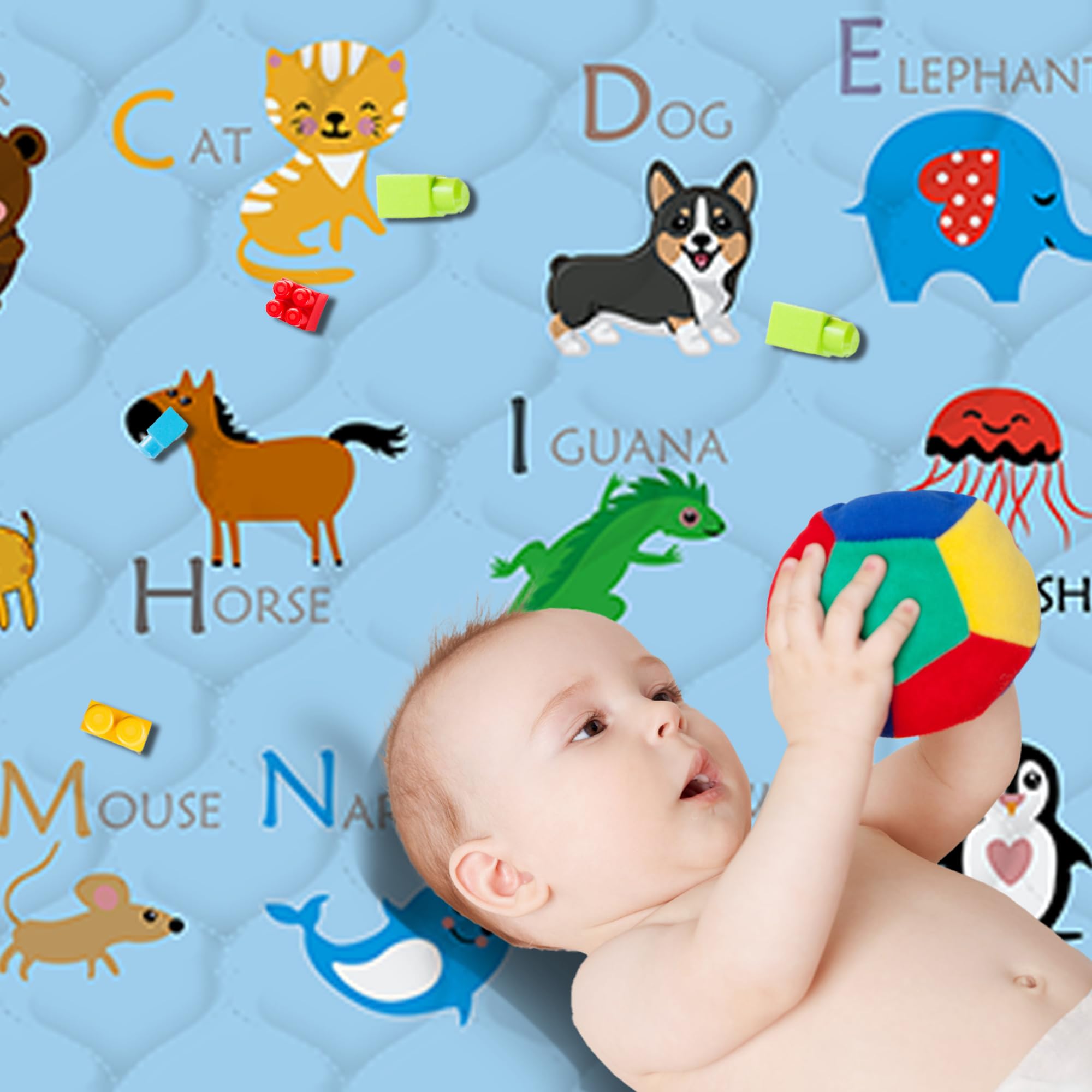 FUGWU blue animal play mat fits into playpens for added comfort.